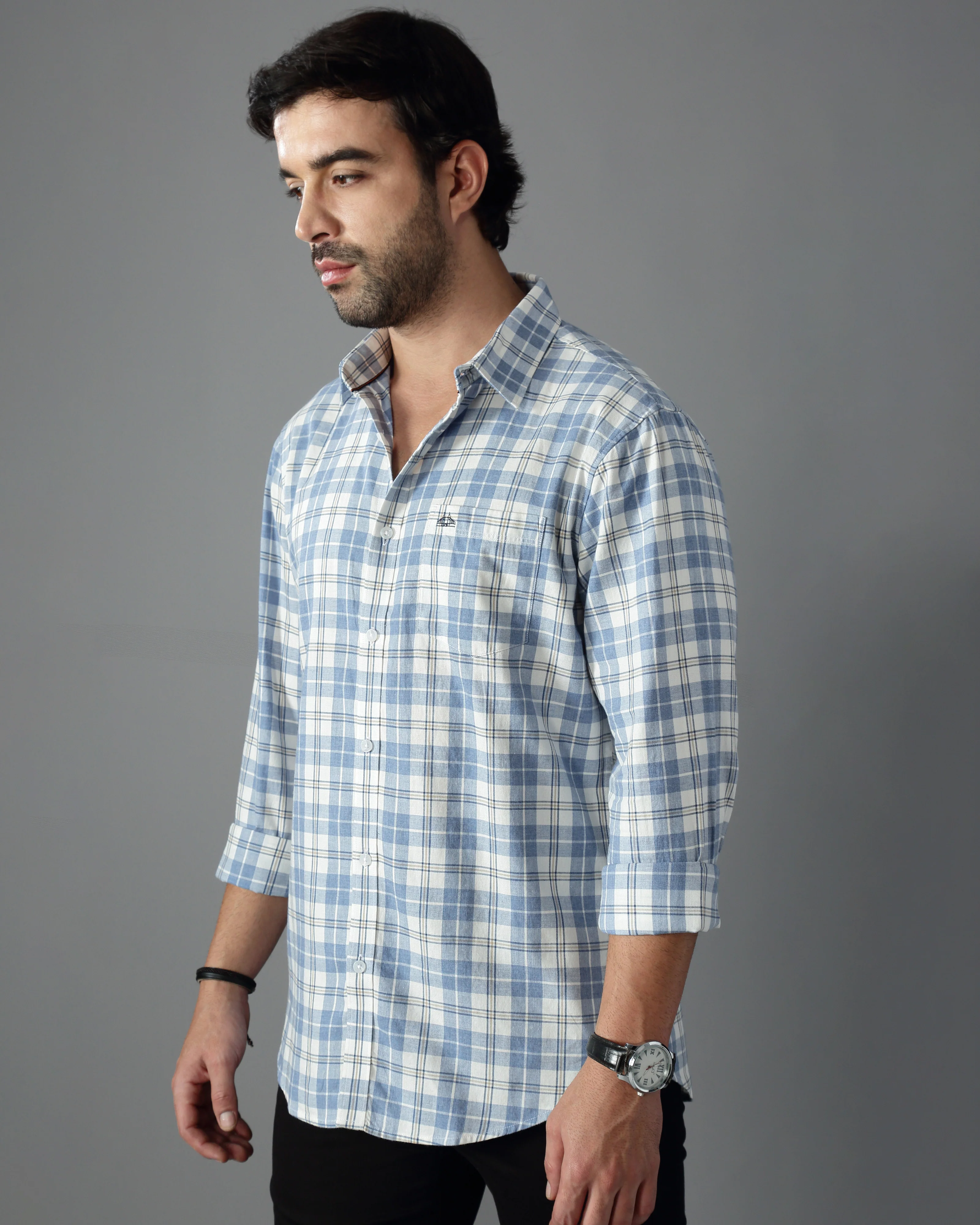 Men Blue Cotton Slim Shirt - Image 3