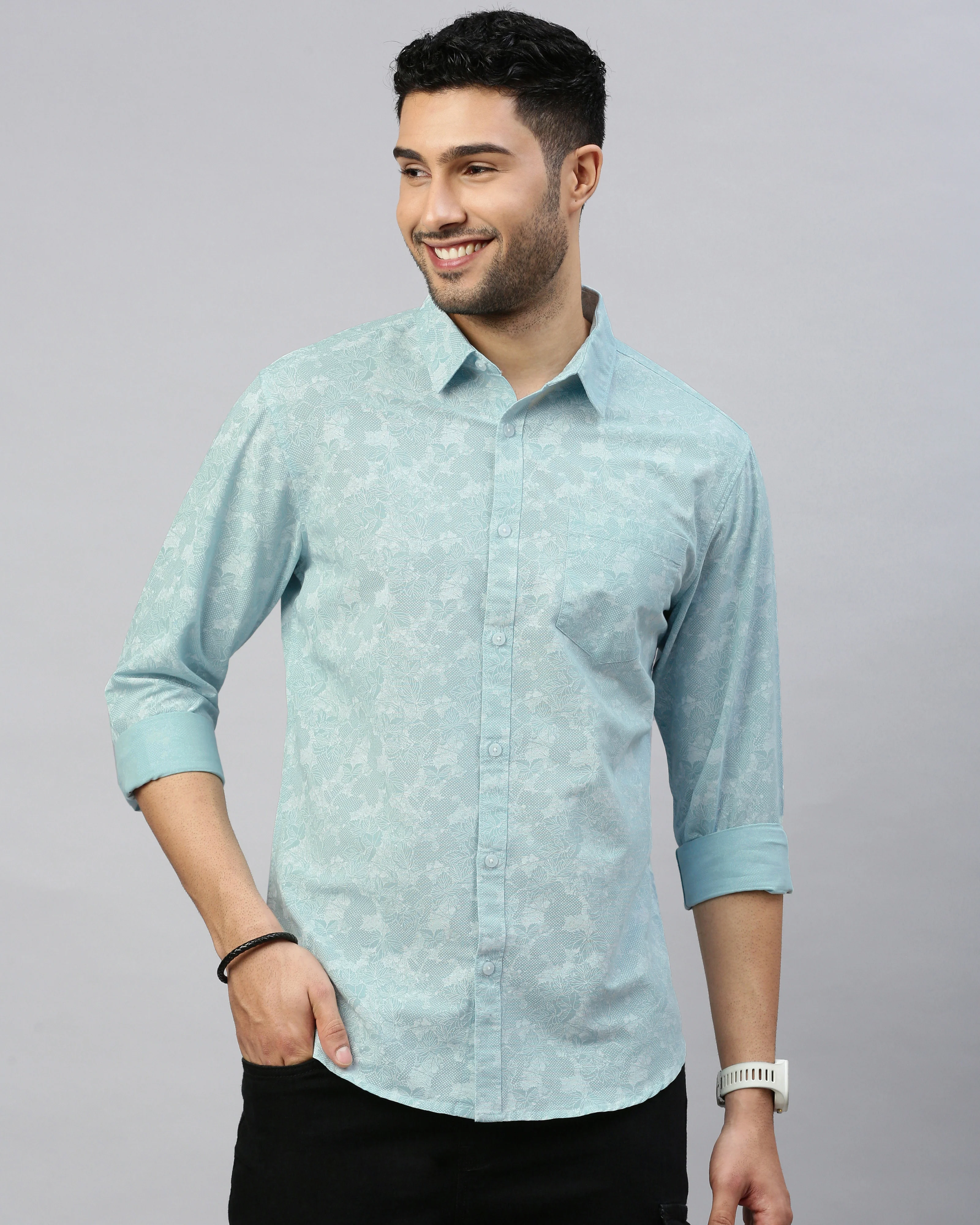 Men Blue Cotton Slim Shirt - Image 2