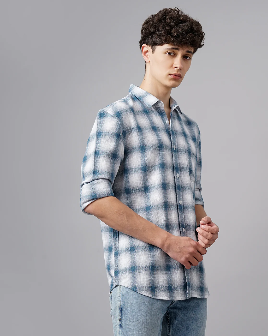 Men Blue Cotton Slim Shirt - Image 2