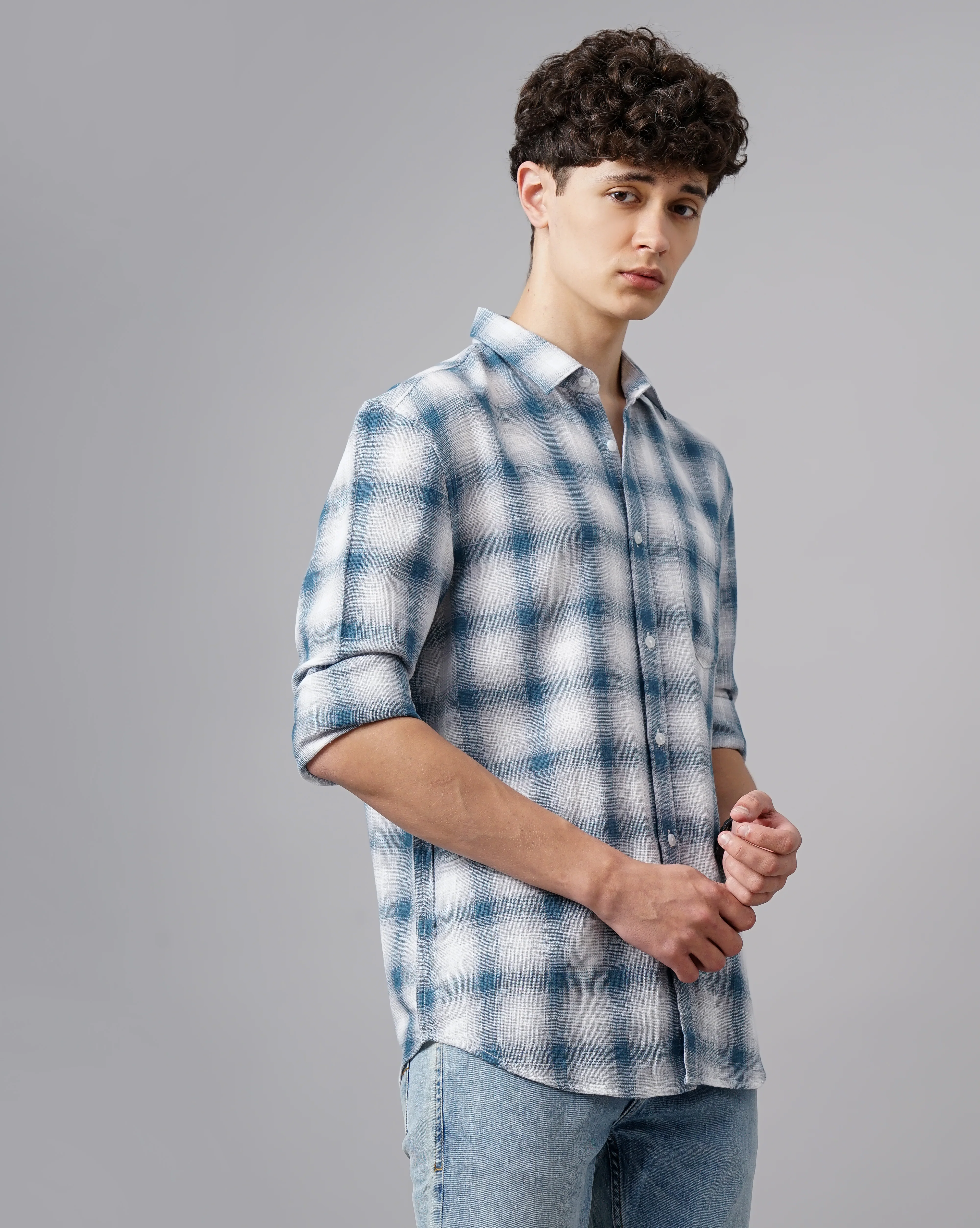 Men Blue Cotton Slim Shirt - Image 3