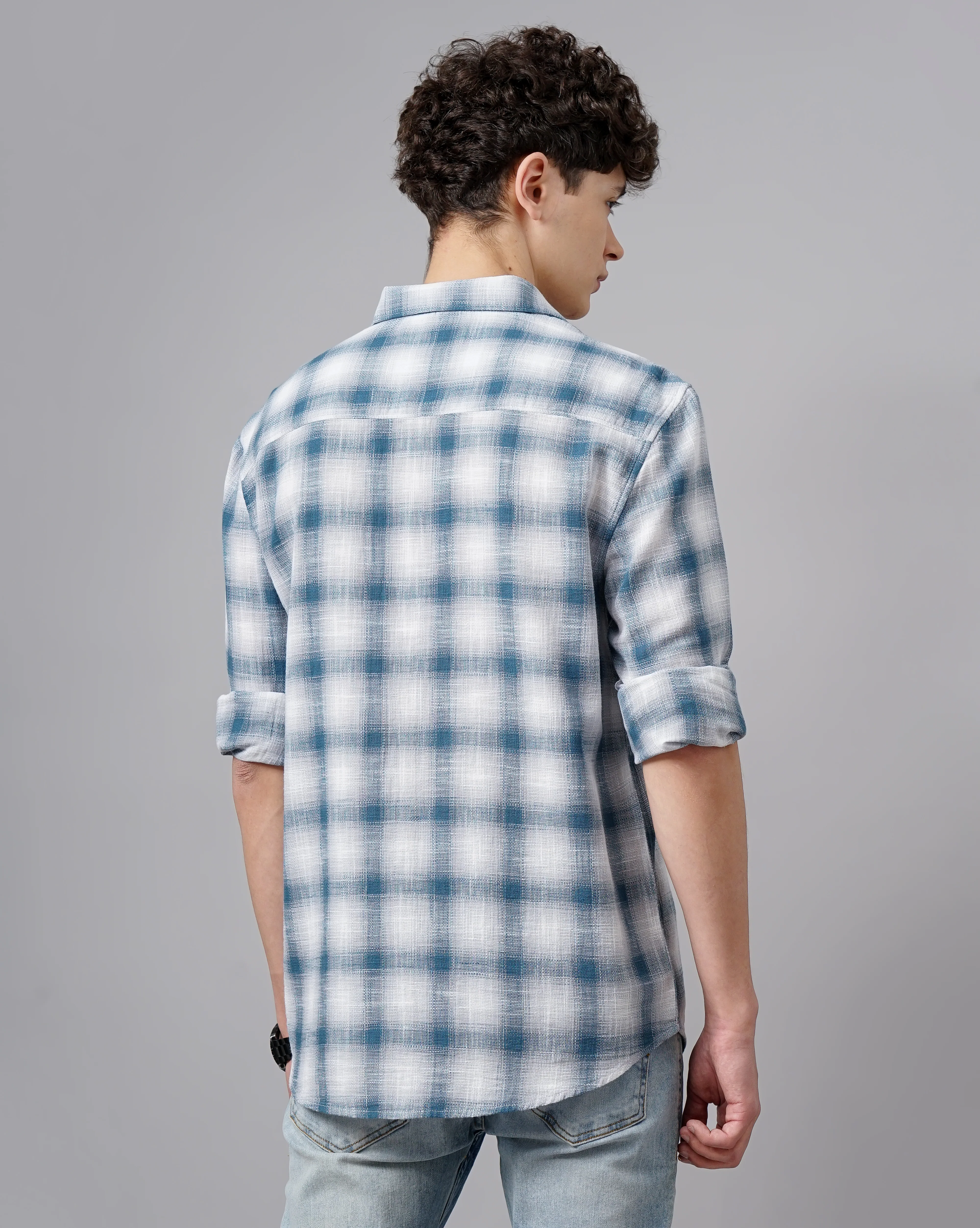 Men Blue Cotton Slim Shirt - Image 4