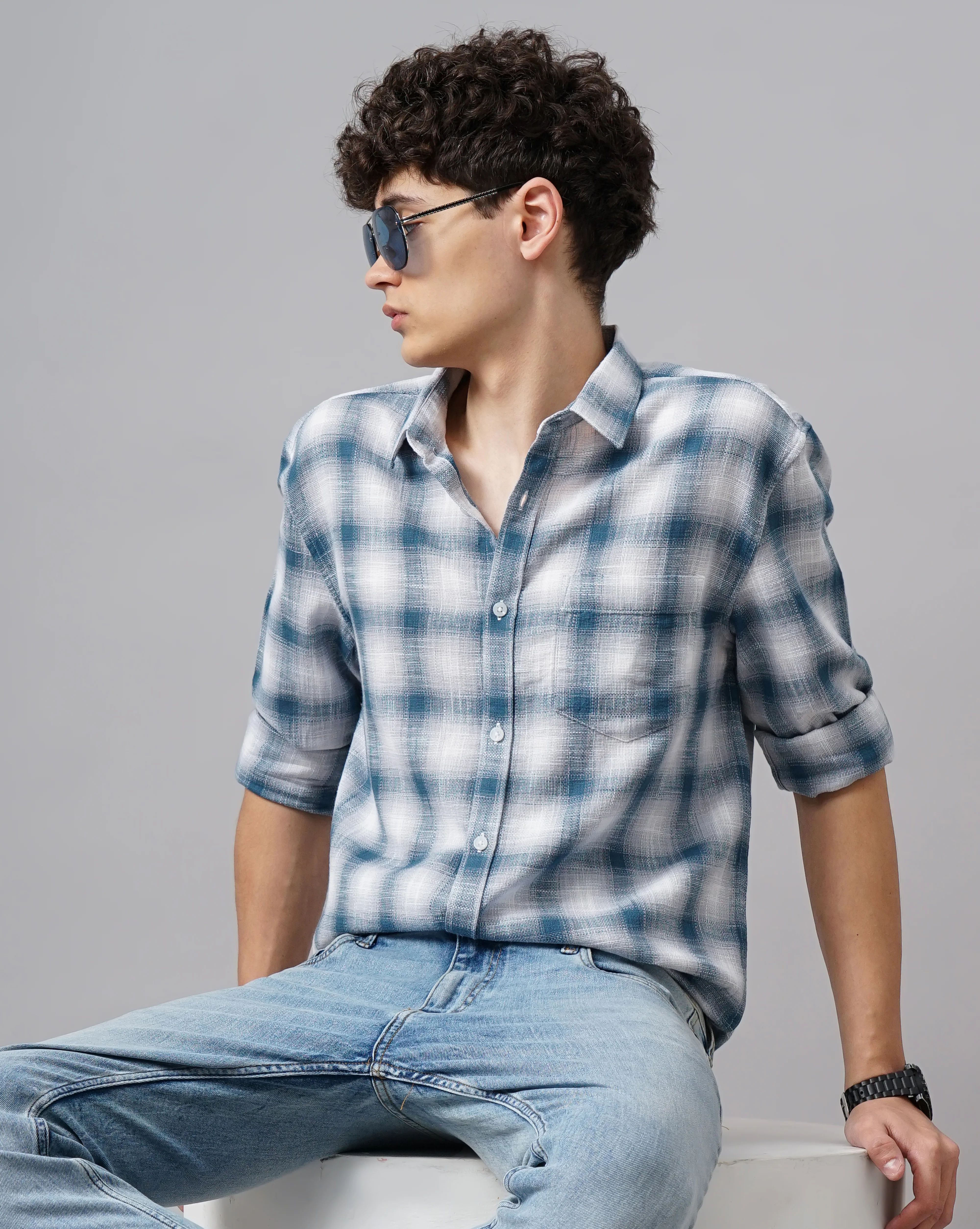 Men Blue Cotton Slim Shirt - Image 6