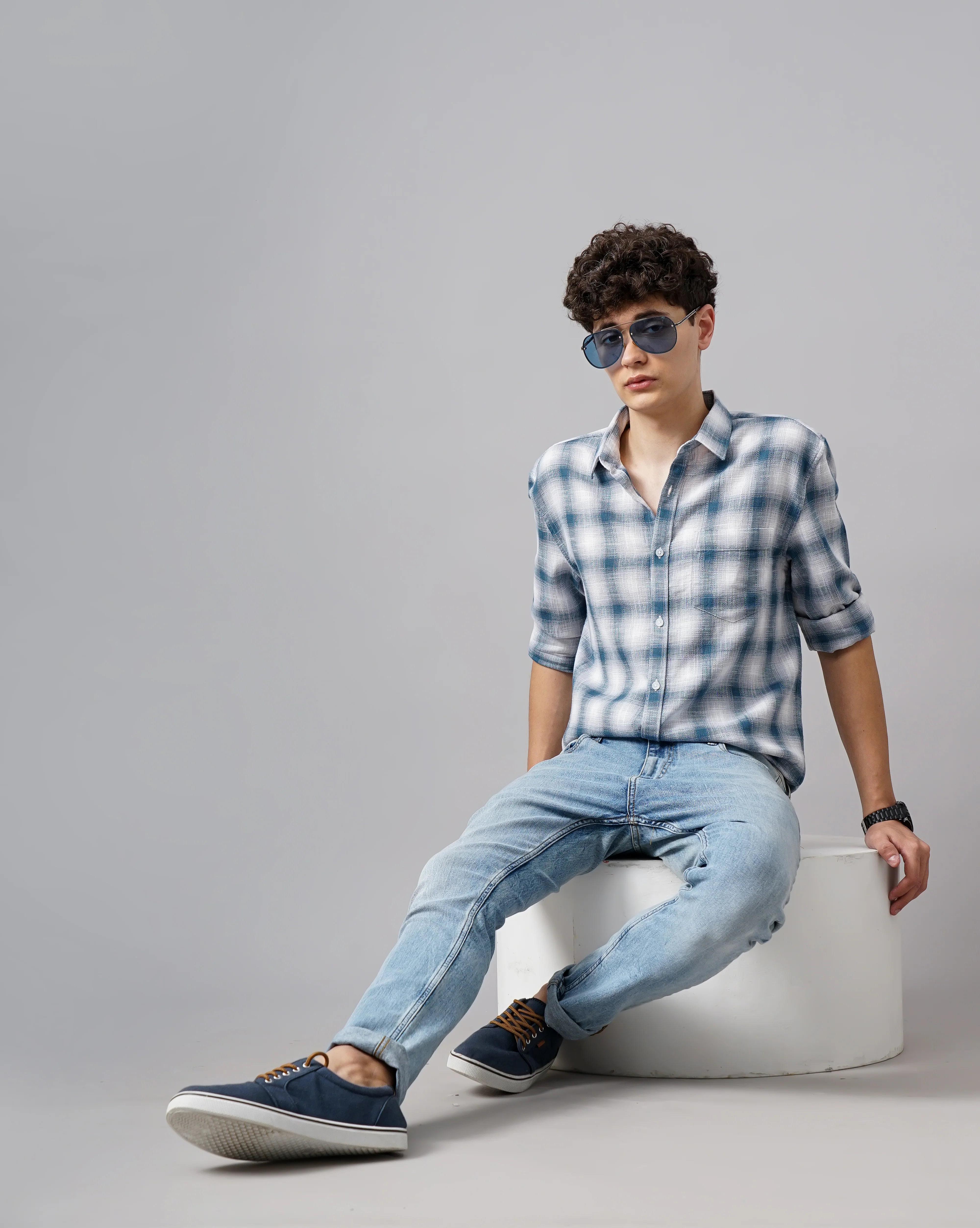 Men Blue Cotton Slim Shirt - Image 7