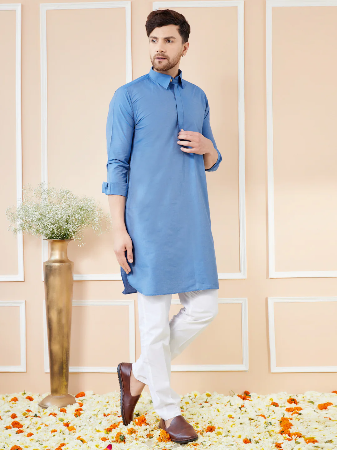 Men Blue Cotton Solid Pathani Kurta - Image 3