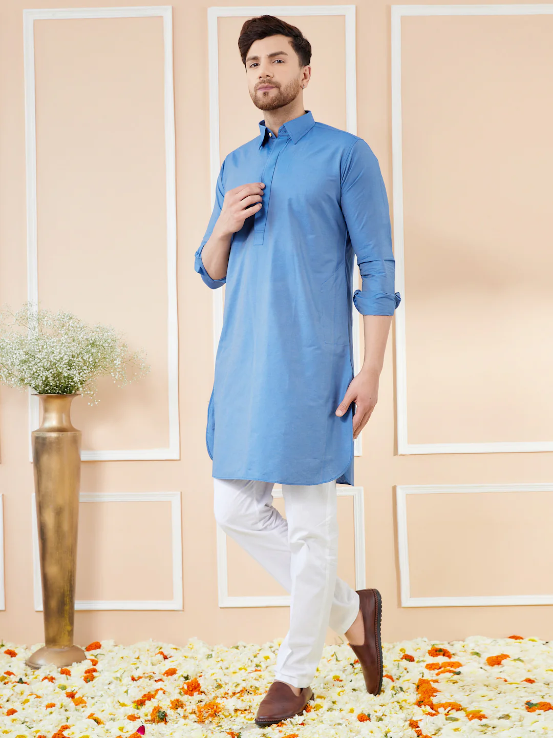 Men Blue Cotton Solid Pathani Kurta - Image 4