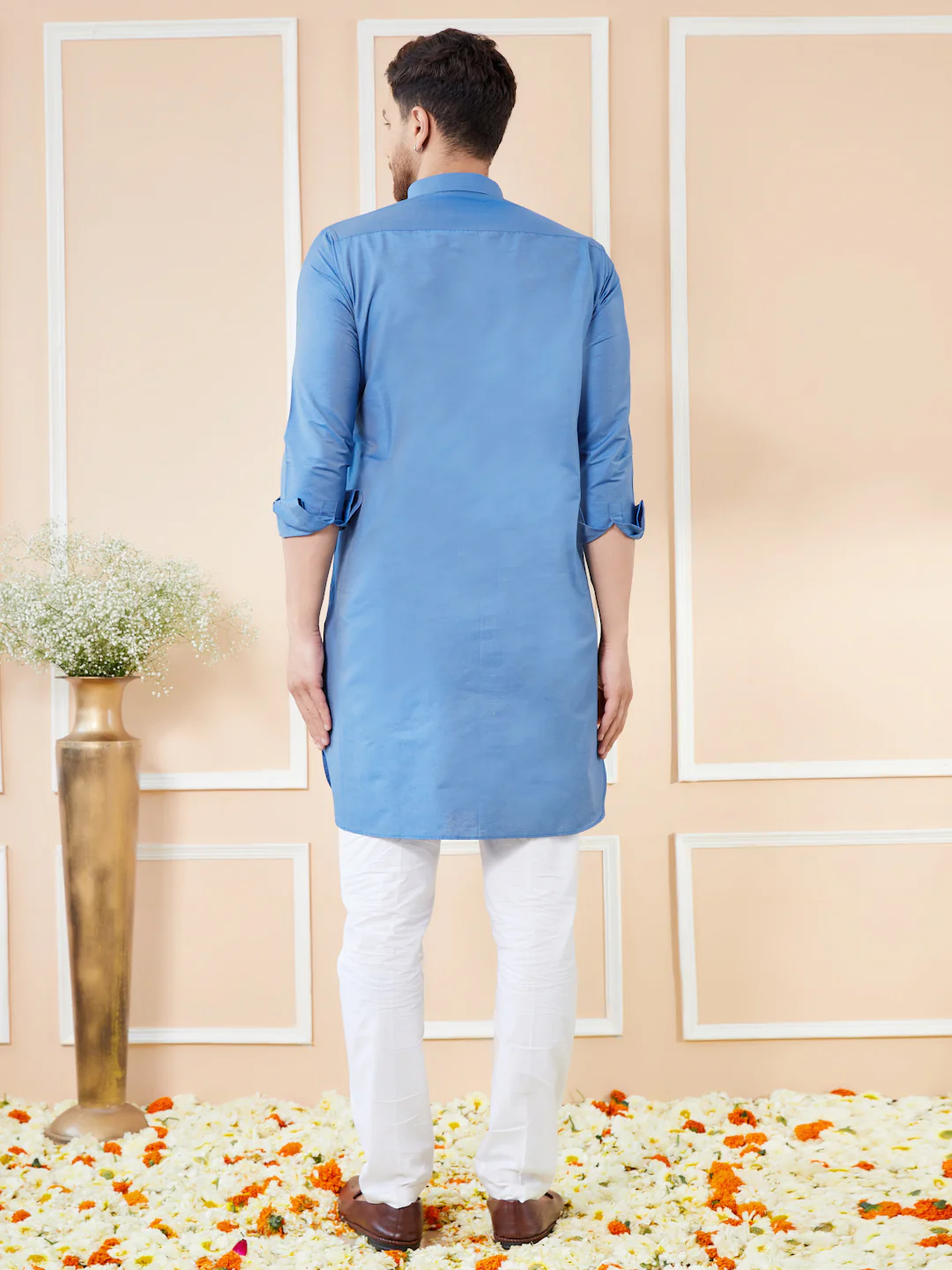 Men Blue Cotton Solid Pathani Kurta - Image 5