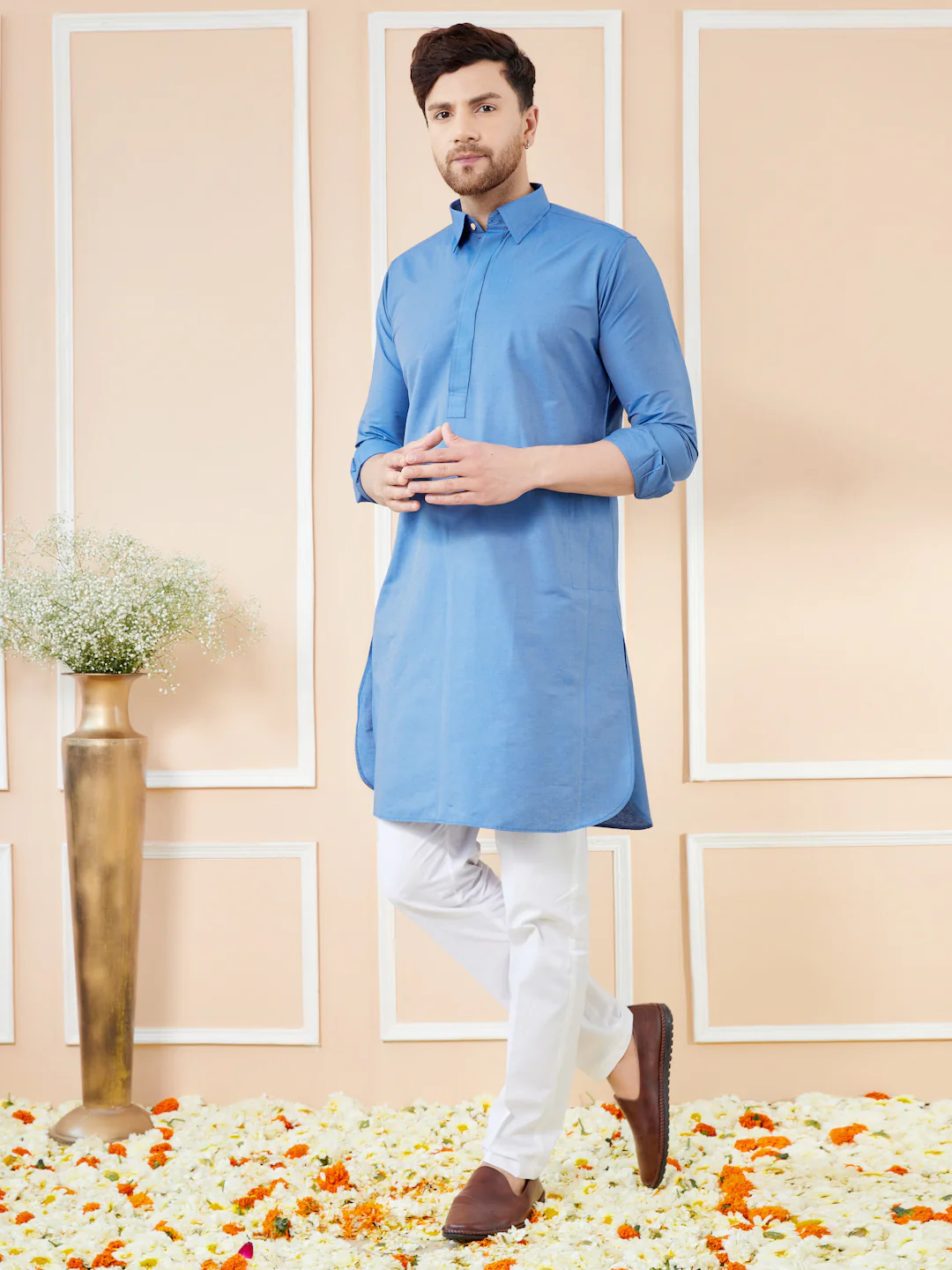 Men Blue Cotton Solid Pathani Kurta - Image 6
