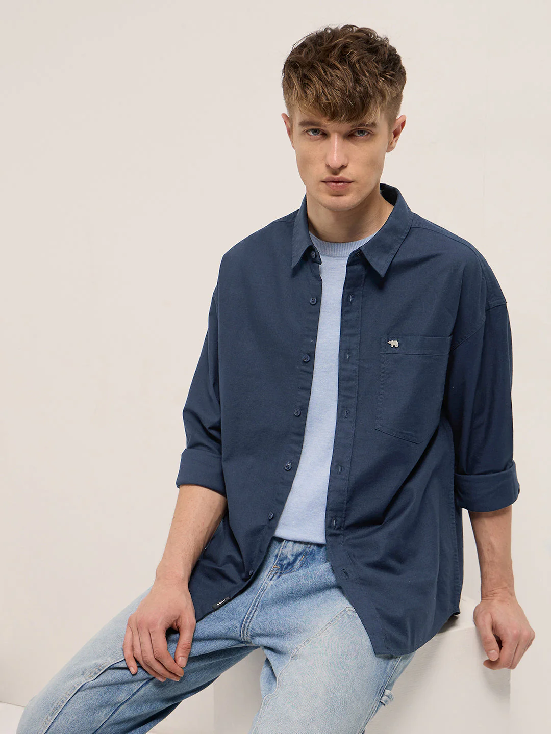 Men Blue Cotton Solid Relaxed Fit Overshirt