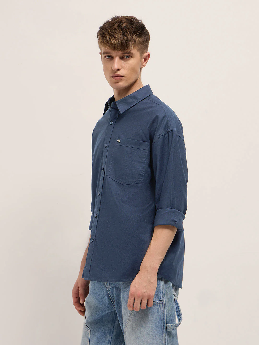 Men Blue Cotton Solid Relaxed Fit Overshirt - Image 3