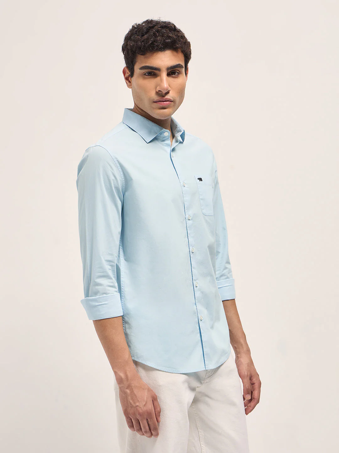 Men Blue Cotton Solid Slim Fit Casual Shirt - Image 3