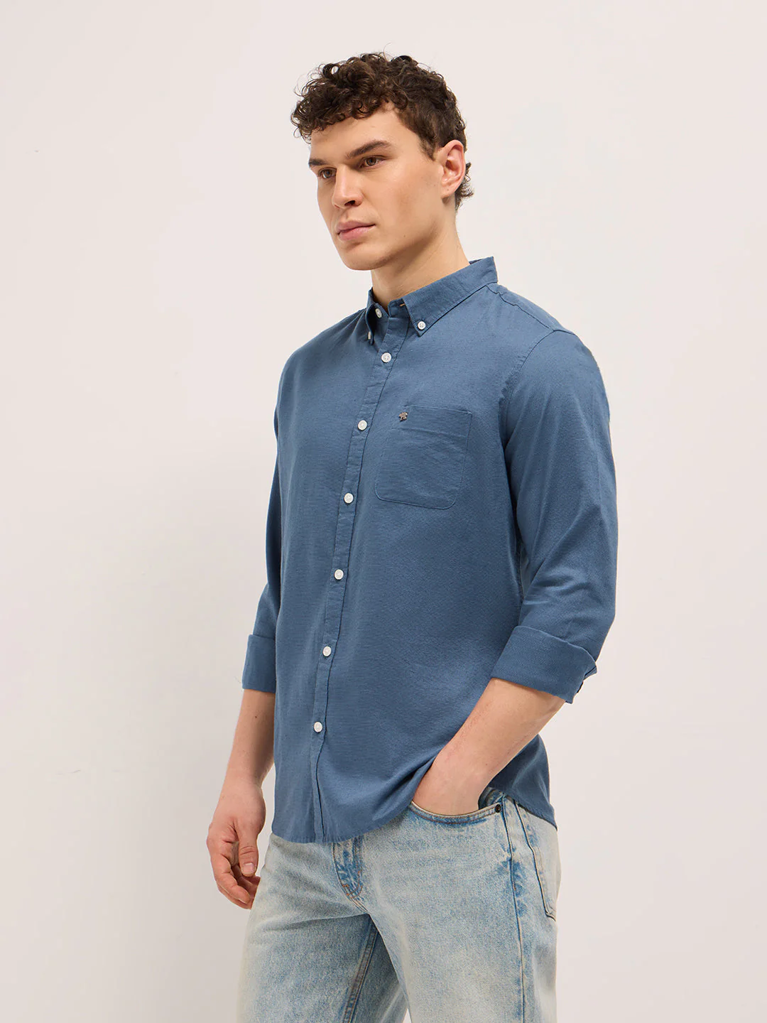 Men Blue Cotton Solid Slim Fit Casual Shirt - Image 3