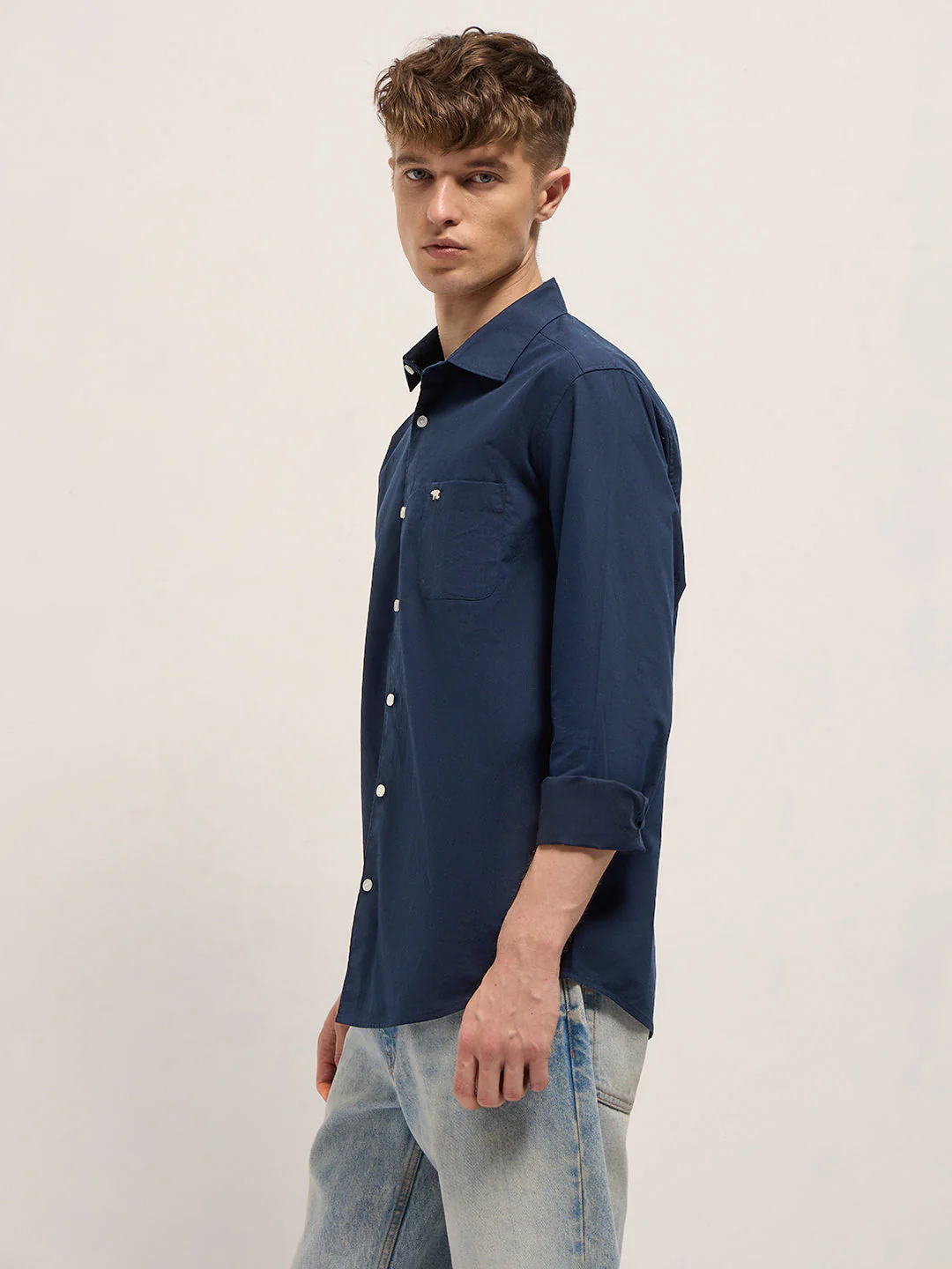 Men Blue Cotton Solid Slim Fit Casual Shirt - Image 3