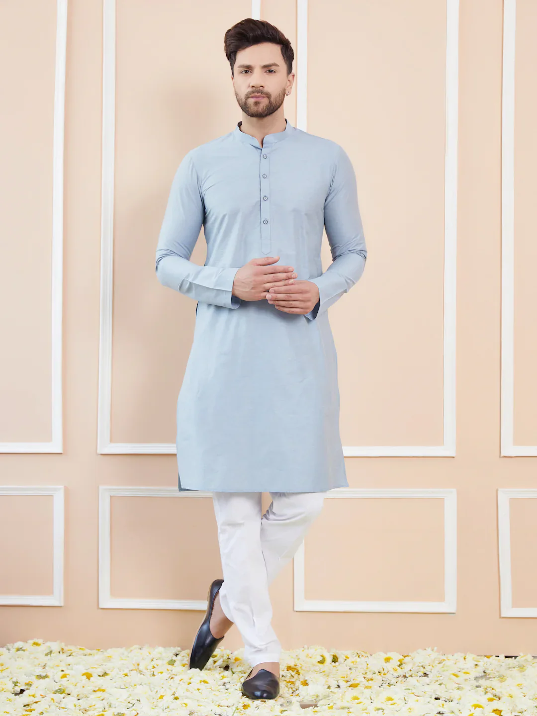 Men Blue Cotton Solid Straight Kurta - Image 4