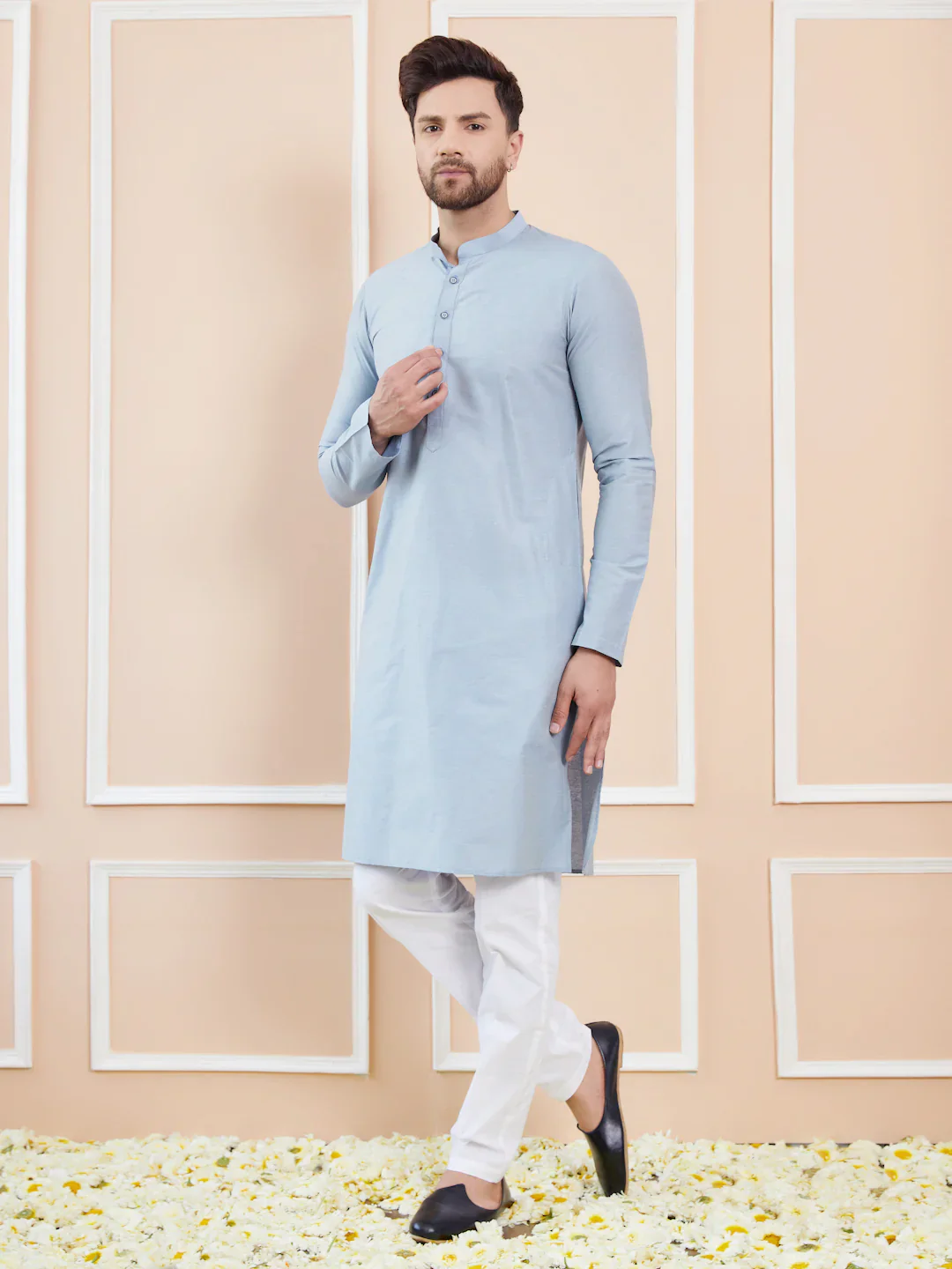 Men Blue Cotton Solid Straight Kurta - Image 6