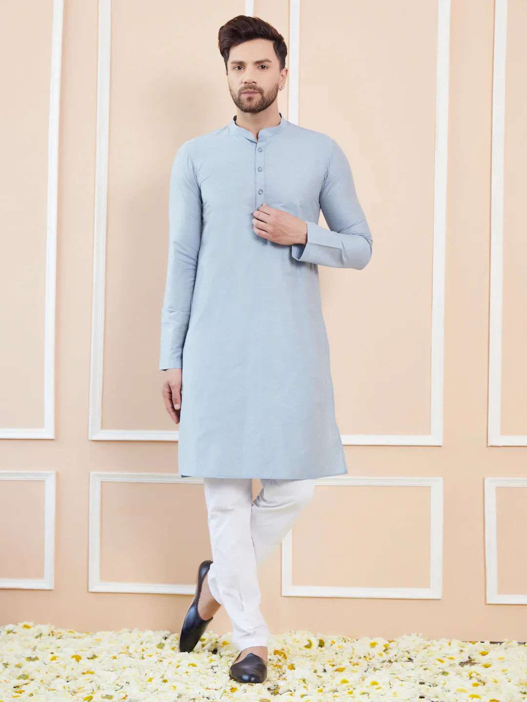 Men Blue Cotton Solid Straight Kurta - Image 7