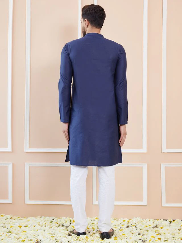 Men Blue Cotton Solid Straight Kurta - Image 2