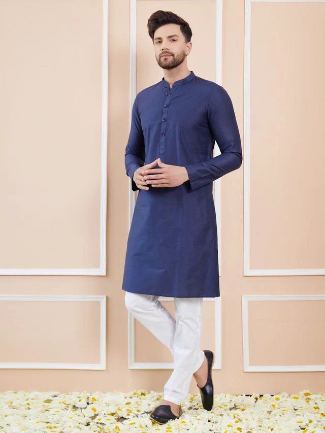 Men Blue Cotton Solid Straight Kurta - Image 3