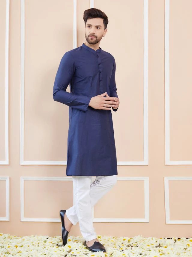Men Blue Cotton Solid Straight Kurta - Image 4