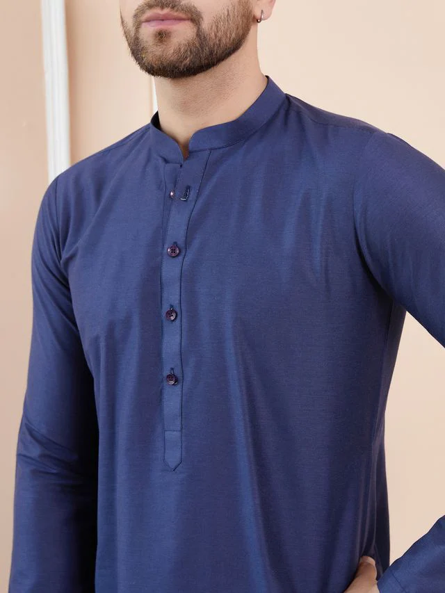 Men Blue Cotton Solid Straight Kurta - Image 5