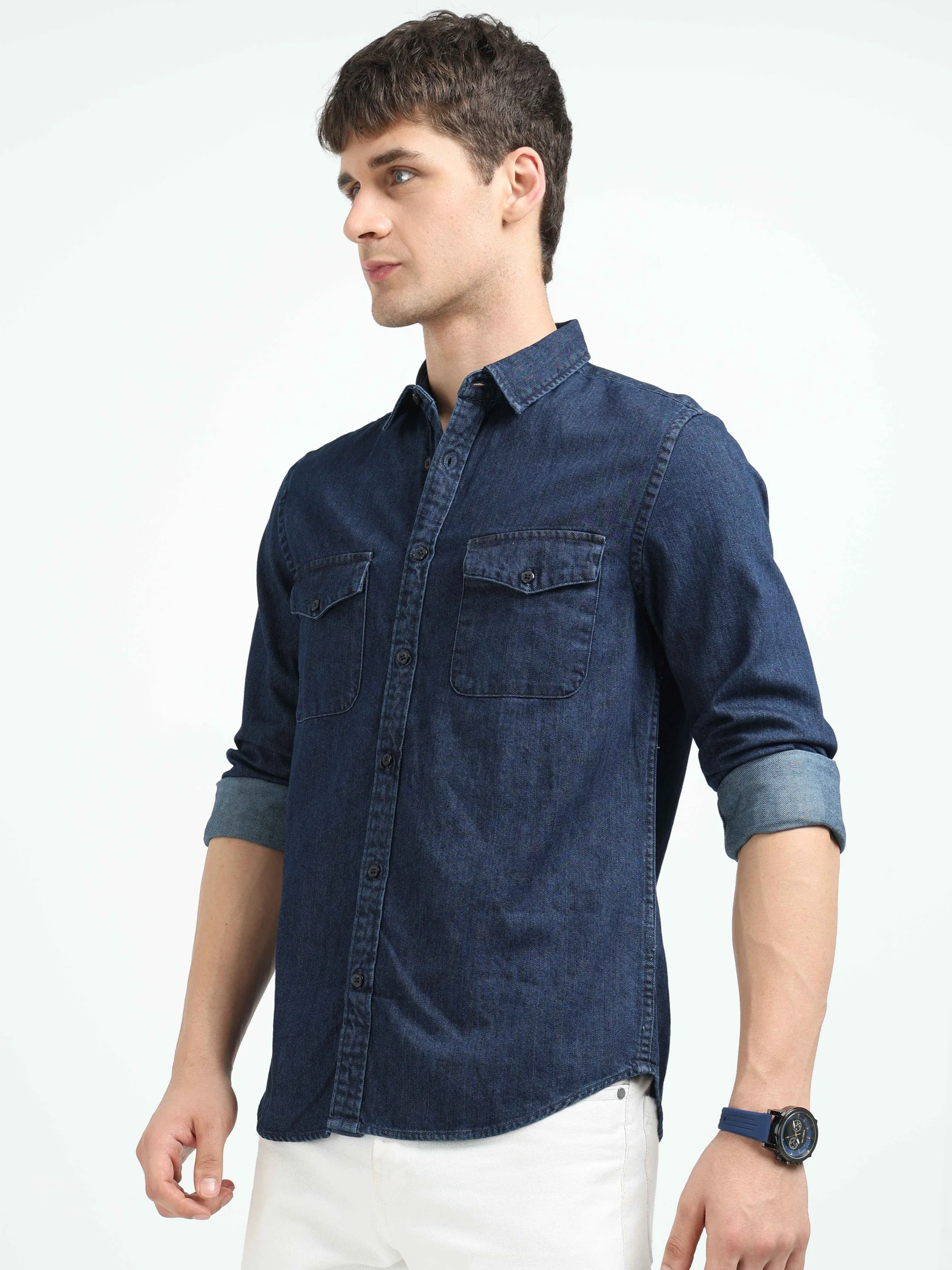 Men Blue Denim Cotton Western Shirt - Image 2