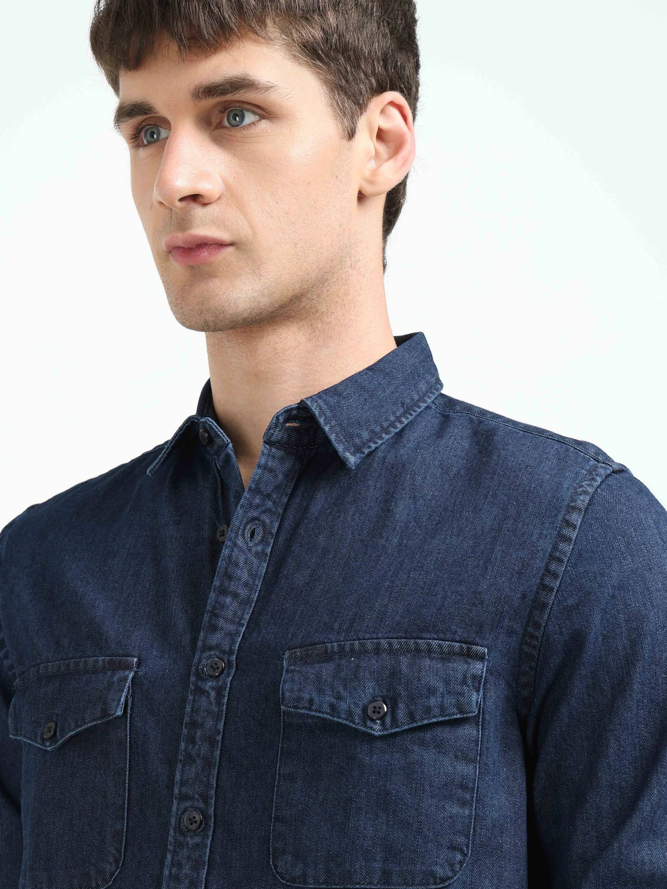 Men Blue Denim Cotton Western Shirt - Image 5