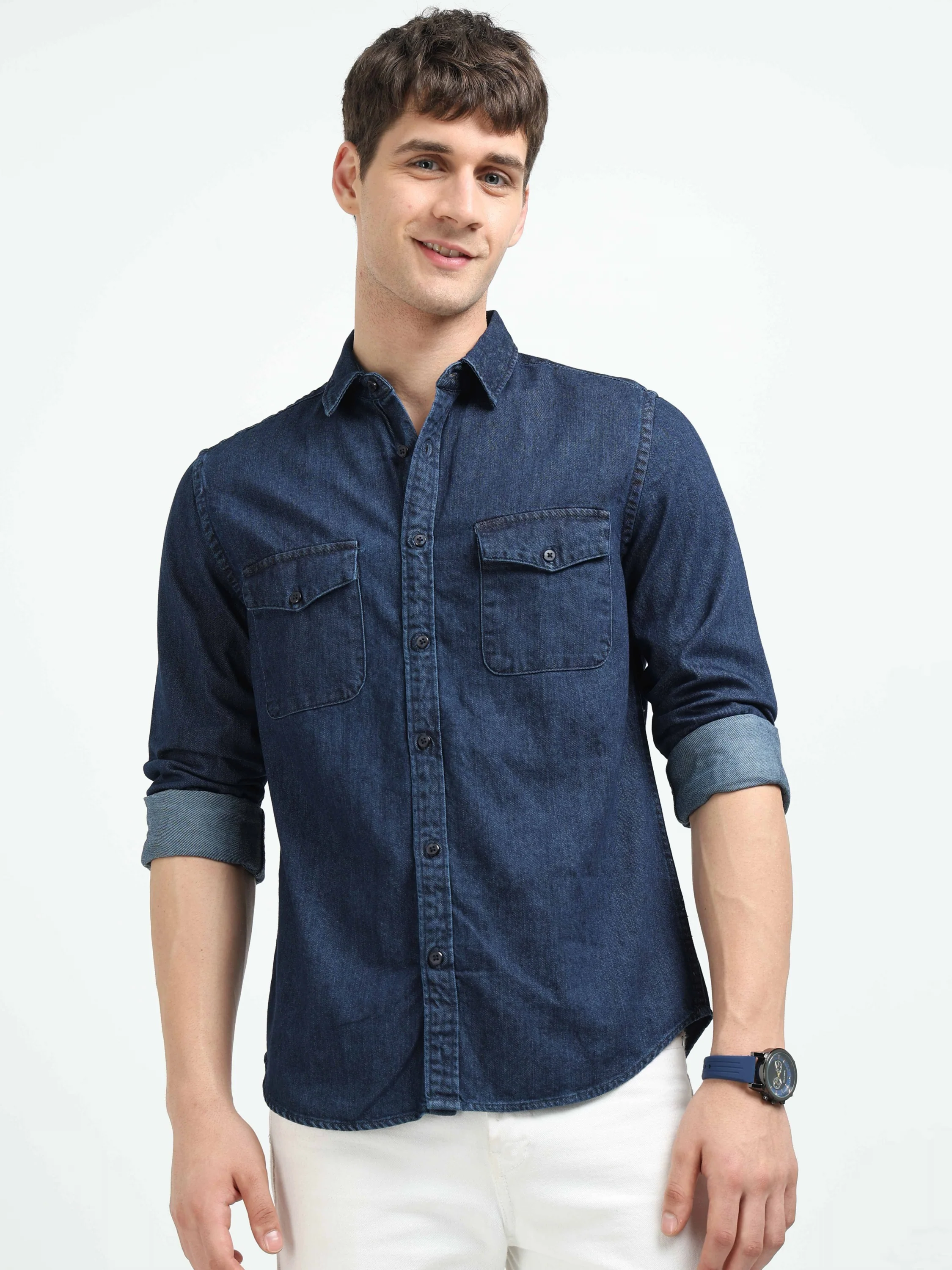 Men Blue Denim Cotton Western Shirt - Image 6