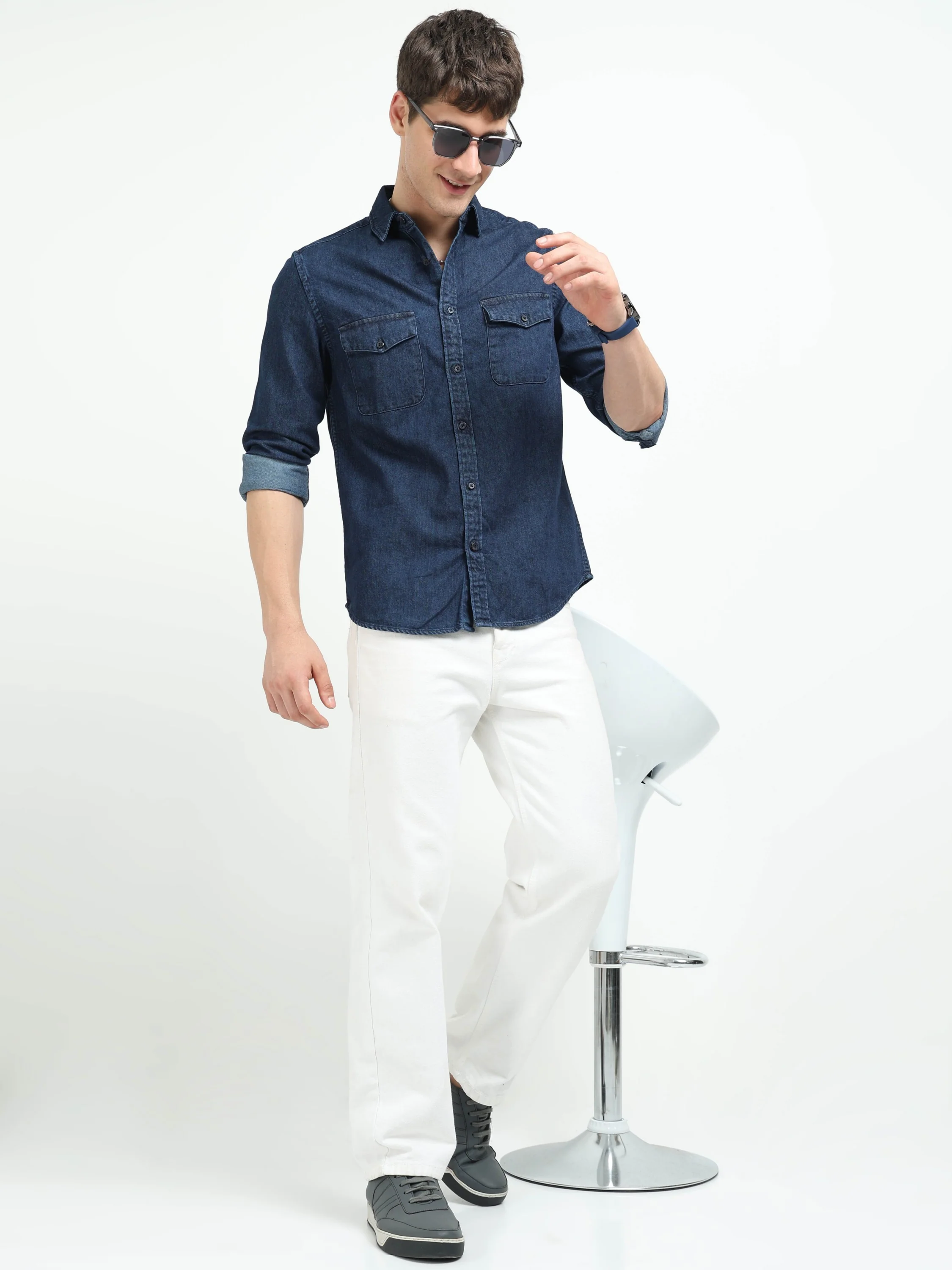 Men Blue Denim Cotton Western Shirt - Image 7
