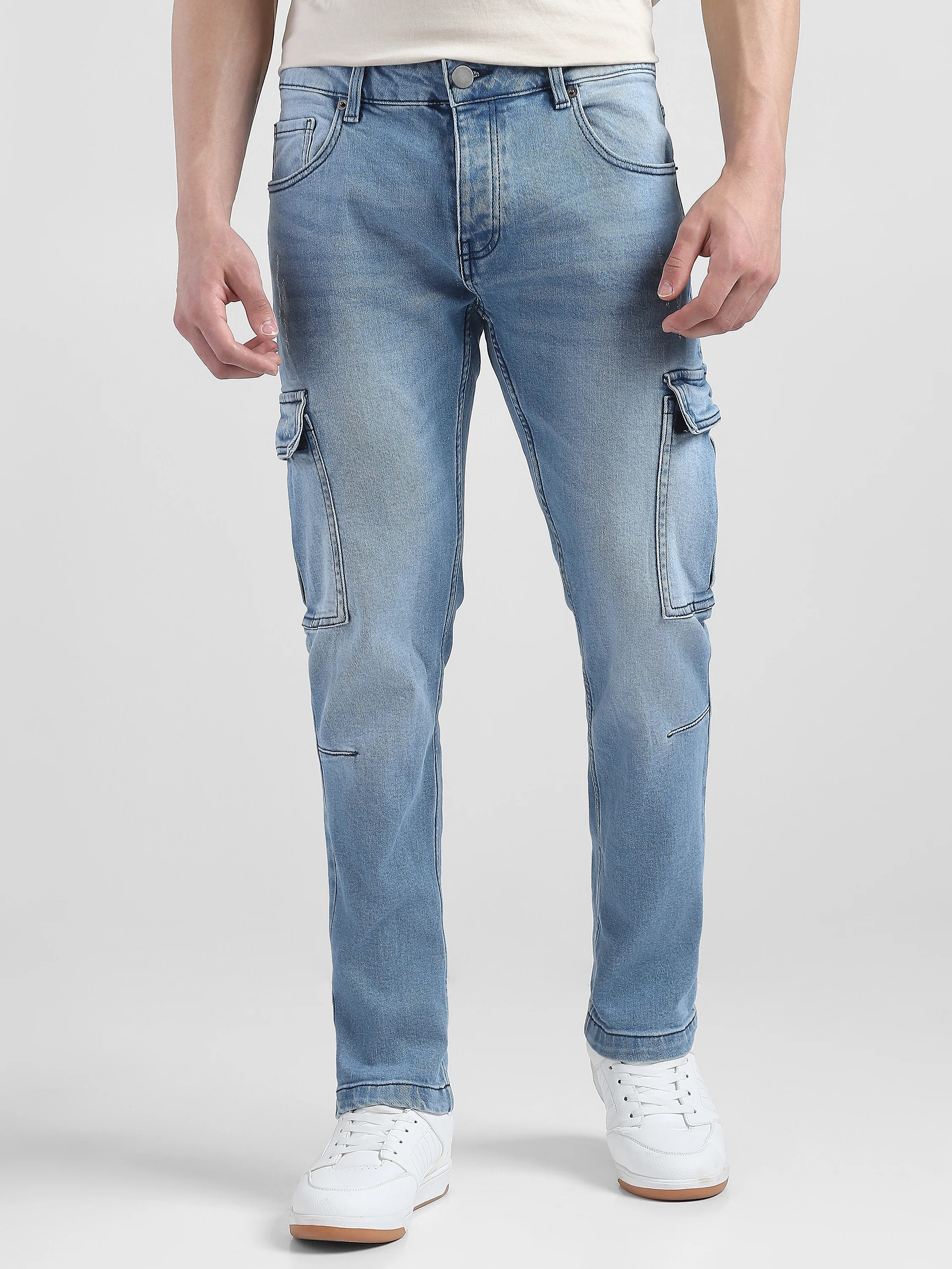Men Blue Denim Mid Rise Cargo Pants - Image 2
