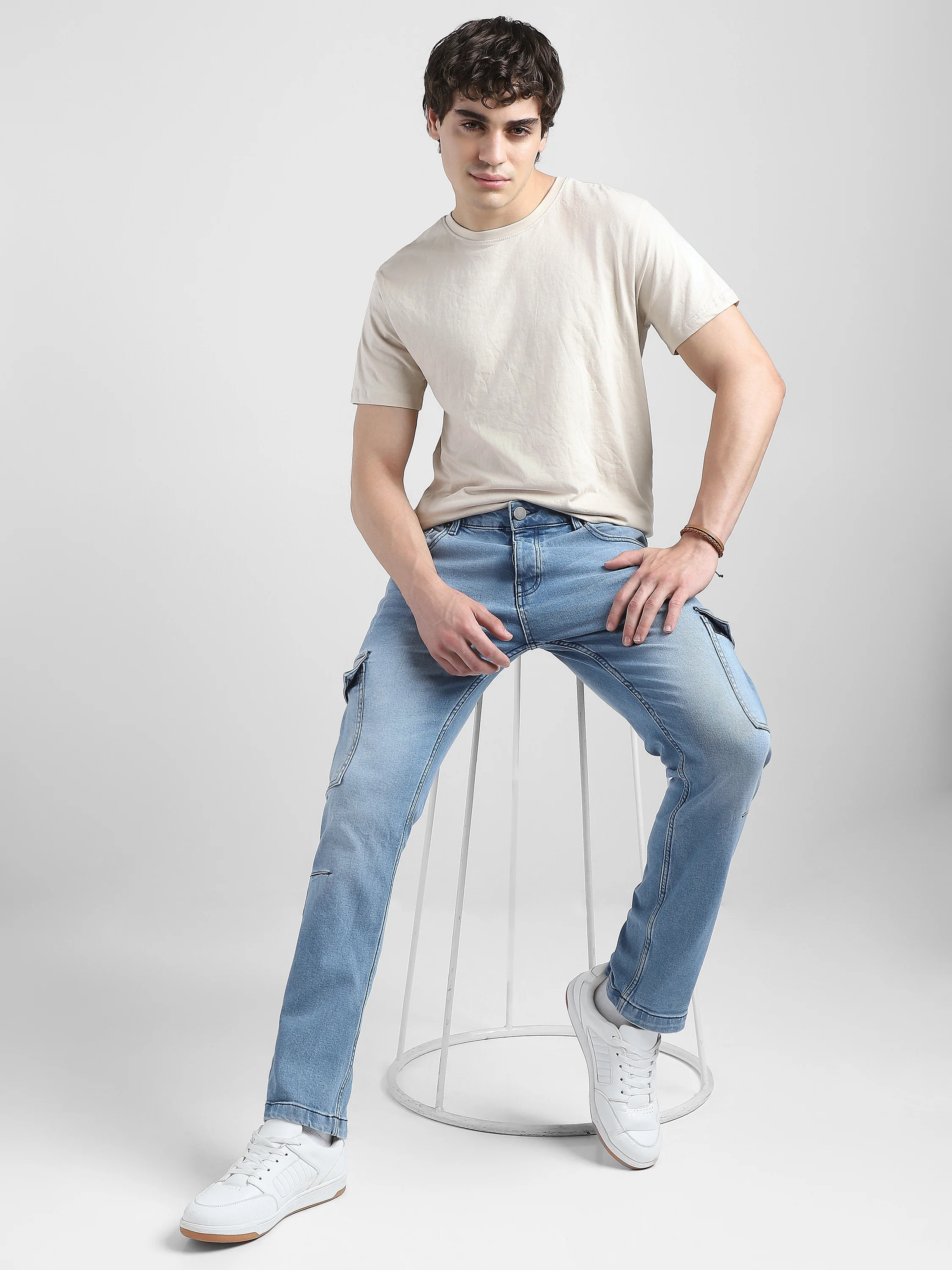 Men Blue Denim Mid Rise Cargo Pants - Image 3