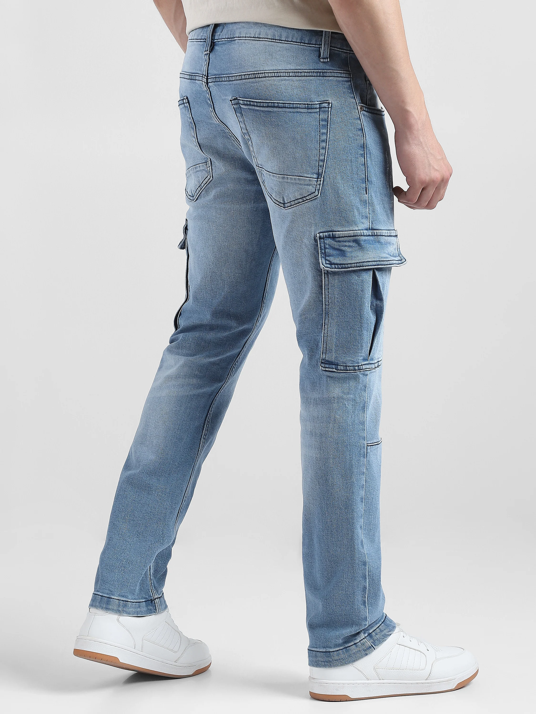 Men Blue Denim Mid Rise Cargo Pants - Image 4