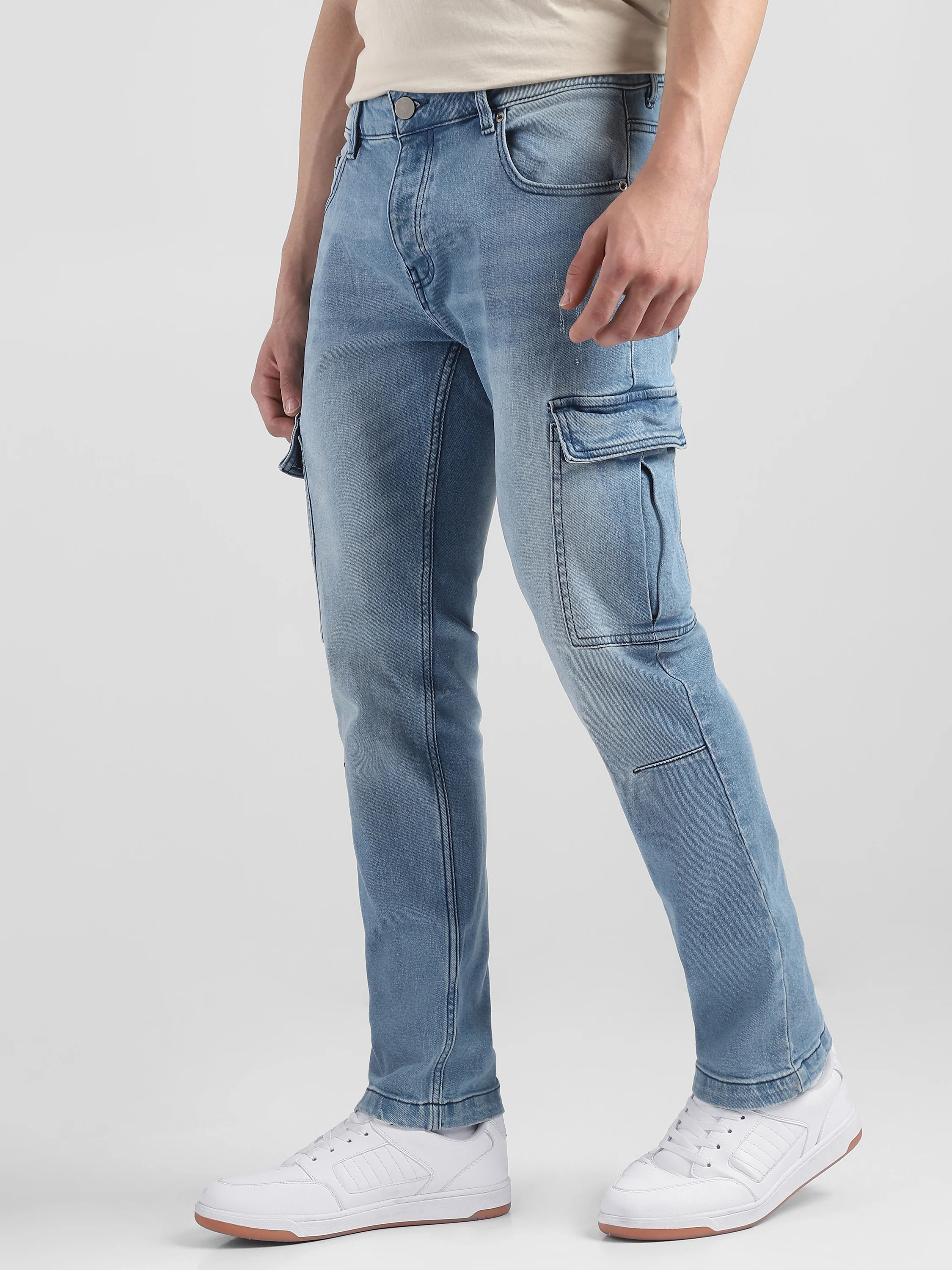 Men Blue Denim Mid Rise Cargo Pants - Image 5