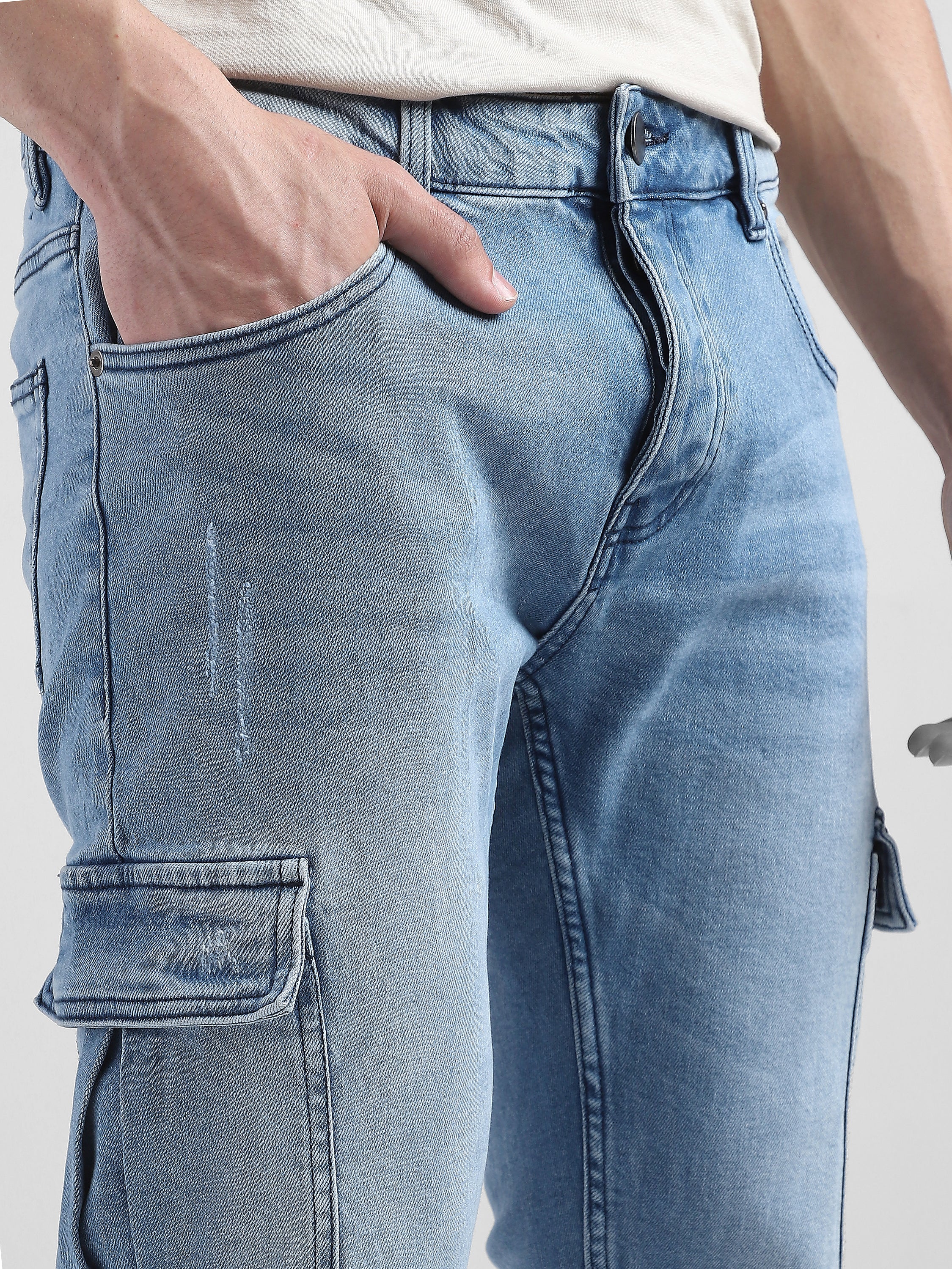 Men Blue Denim Mid Rise Cargo Pants - Image 6