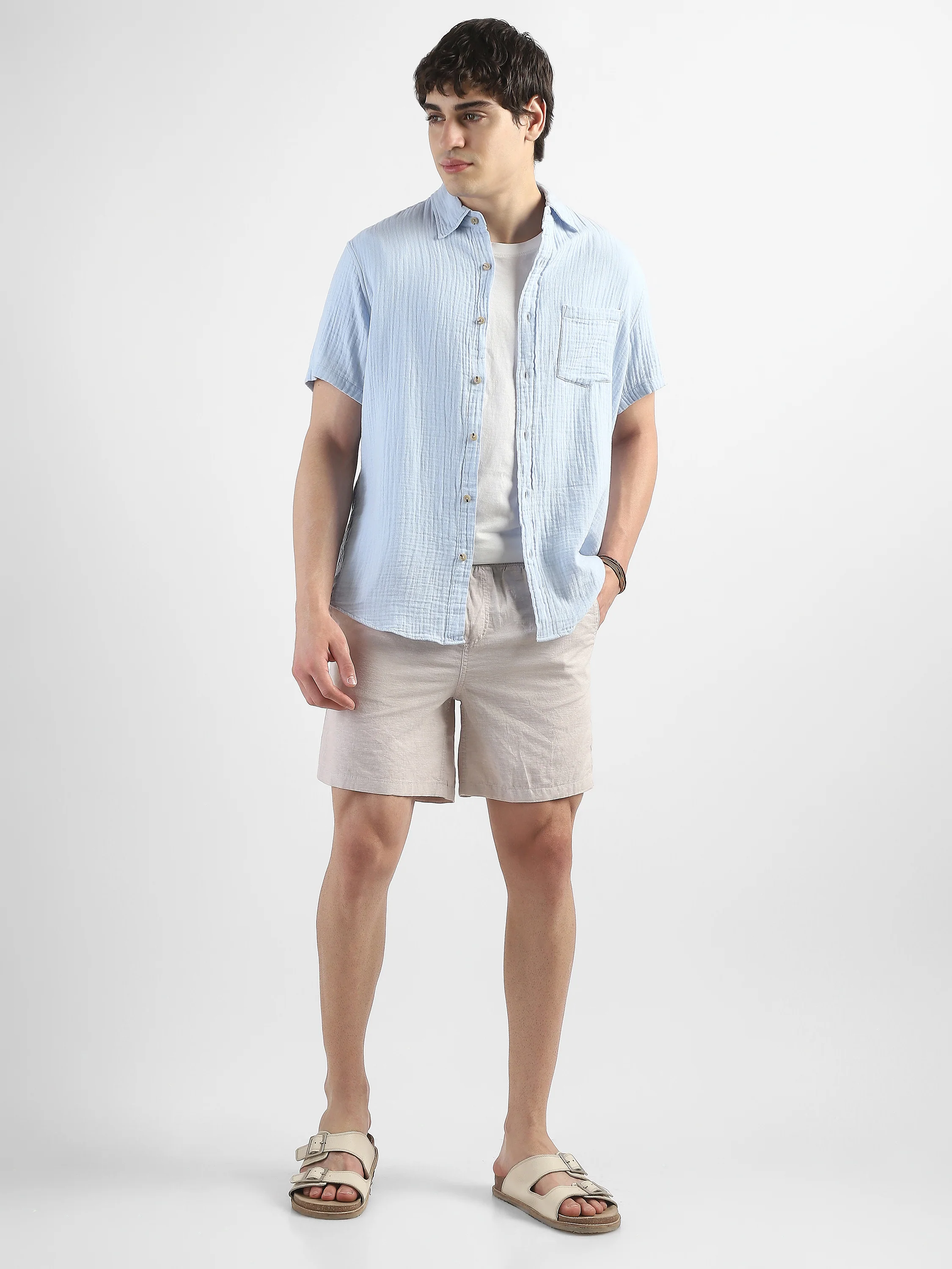Men Blue Double Cloth Casual Shirt - Image 2