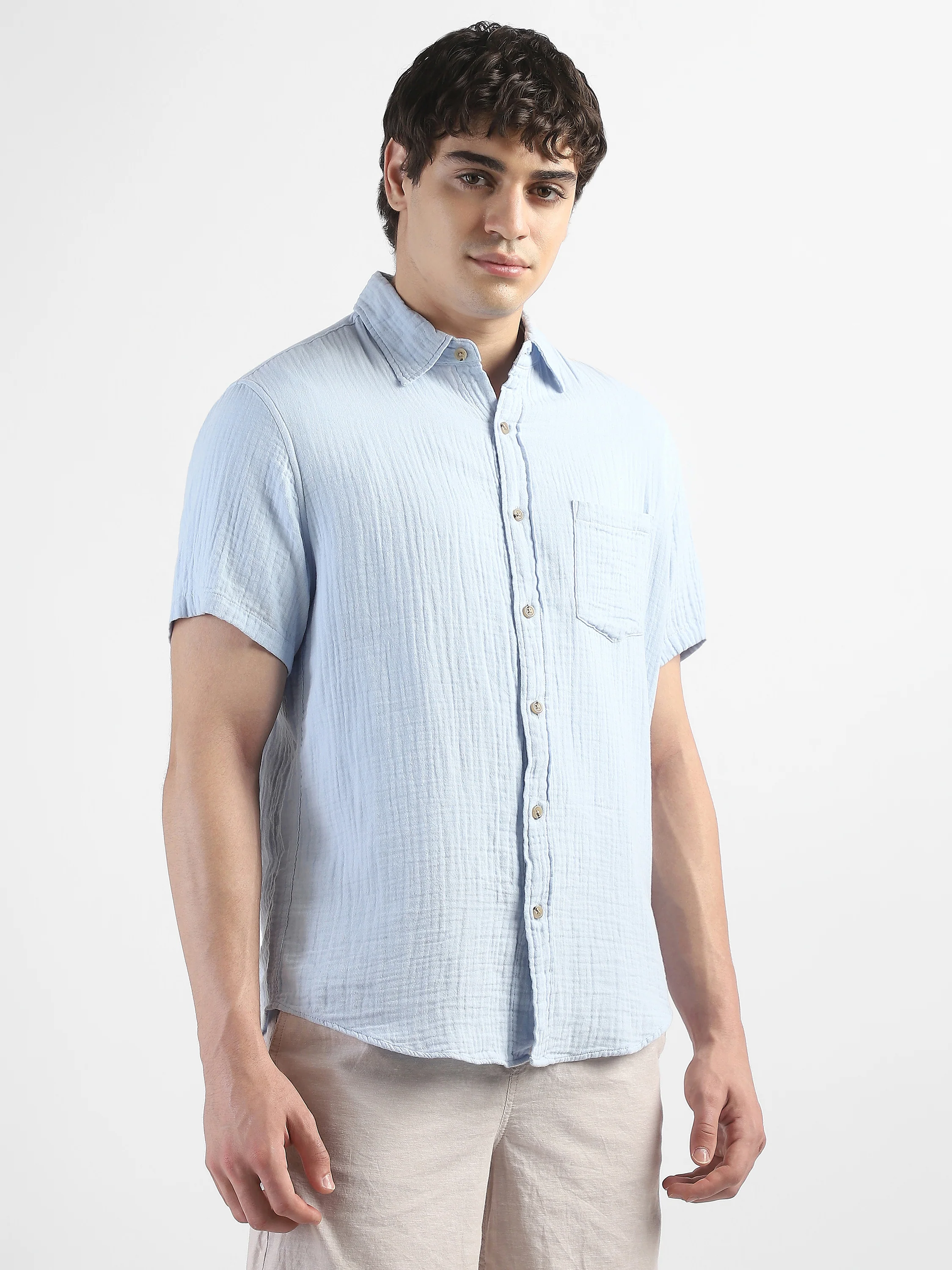 Men Blue Double Cloth Casual Shirt - Image 3