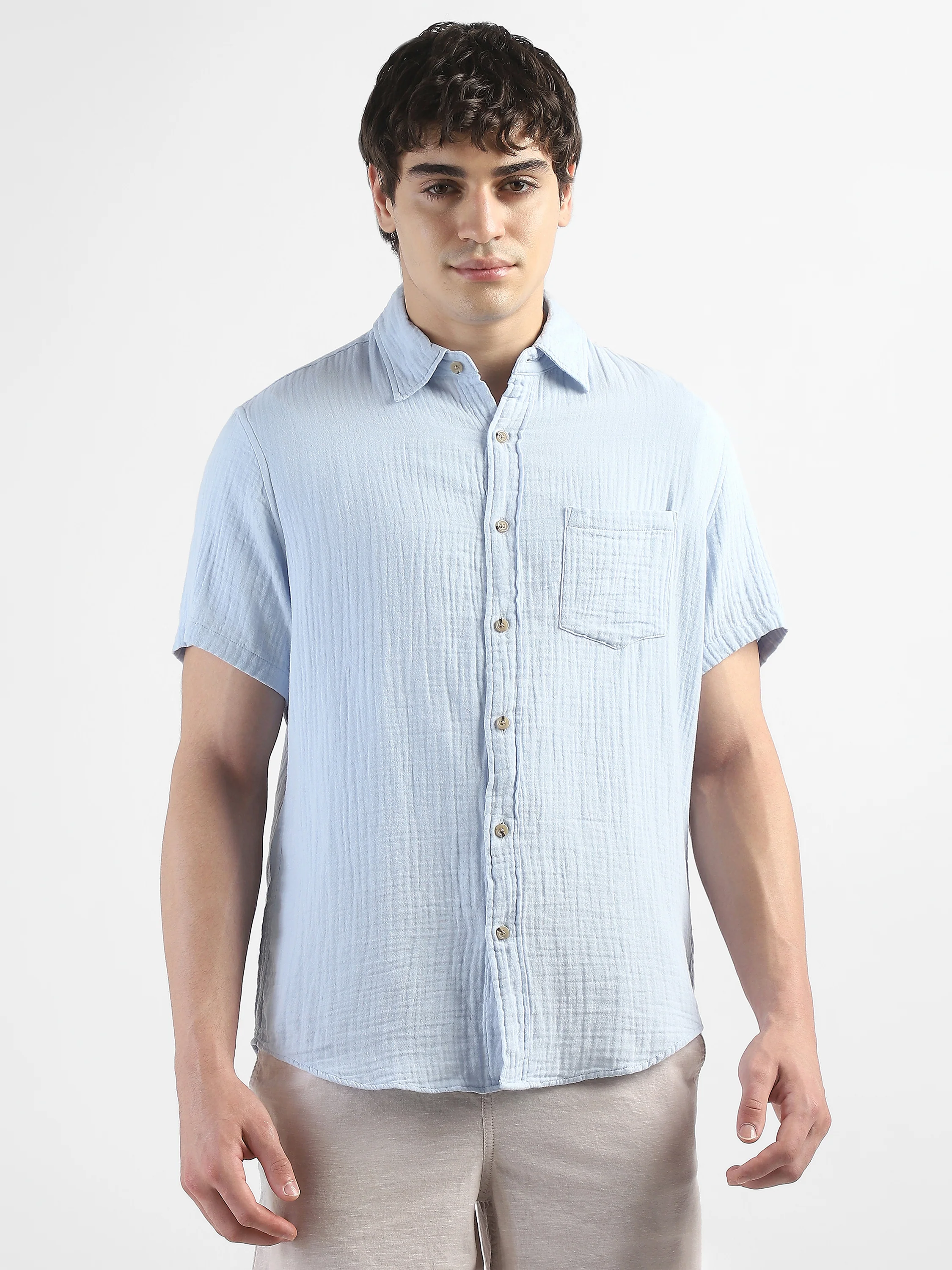 Men Blue Double Cloth Casual Shirt - Image 5