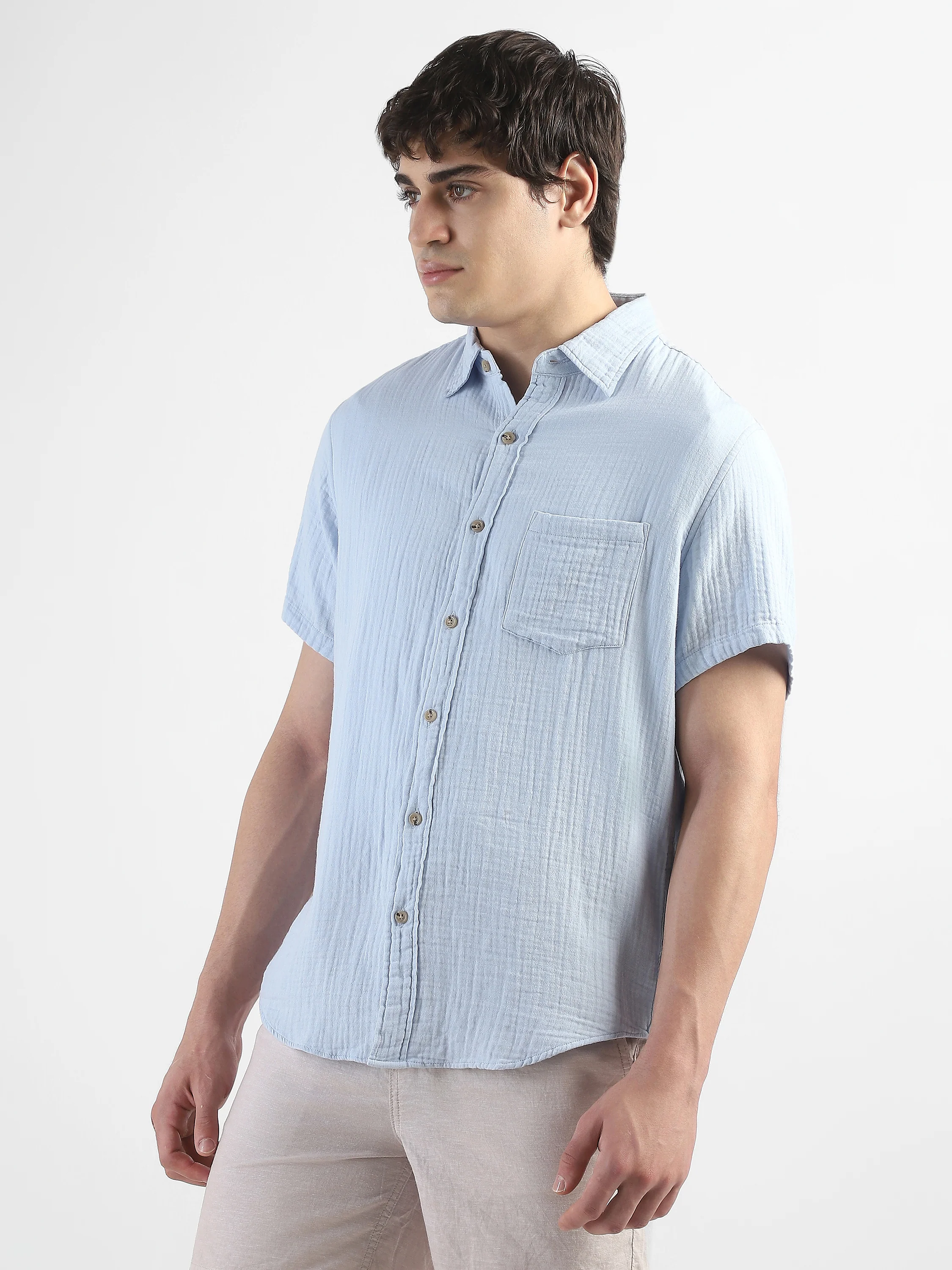 Men Blue Double Cloth Casual Shirt - Image 6