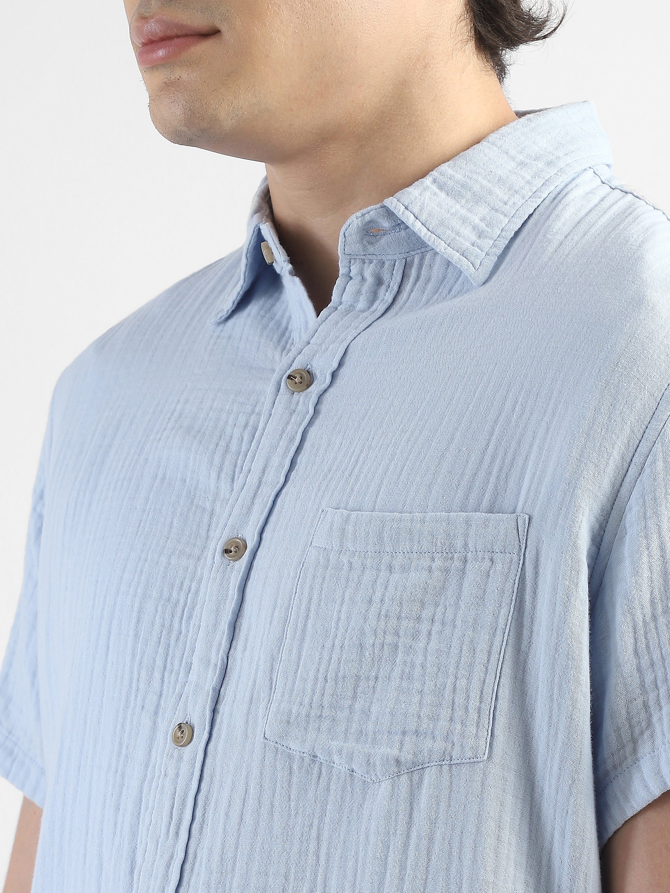 Men Blue Double Cloth Casual Shirt - Image 7