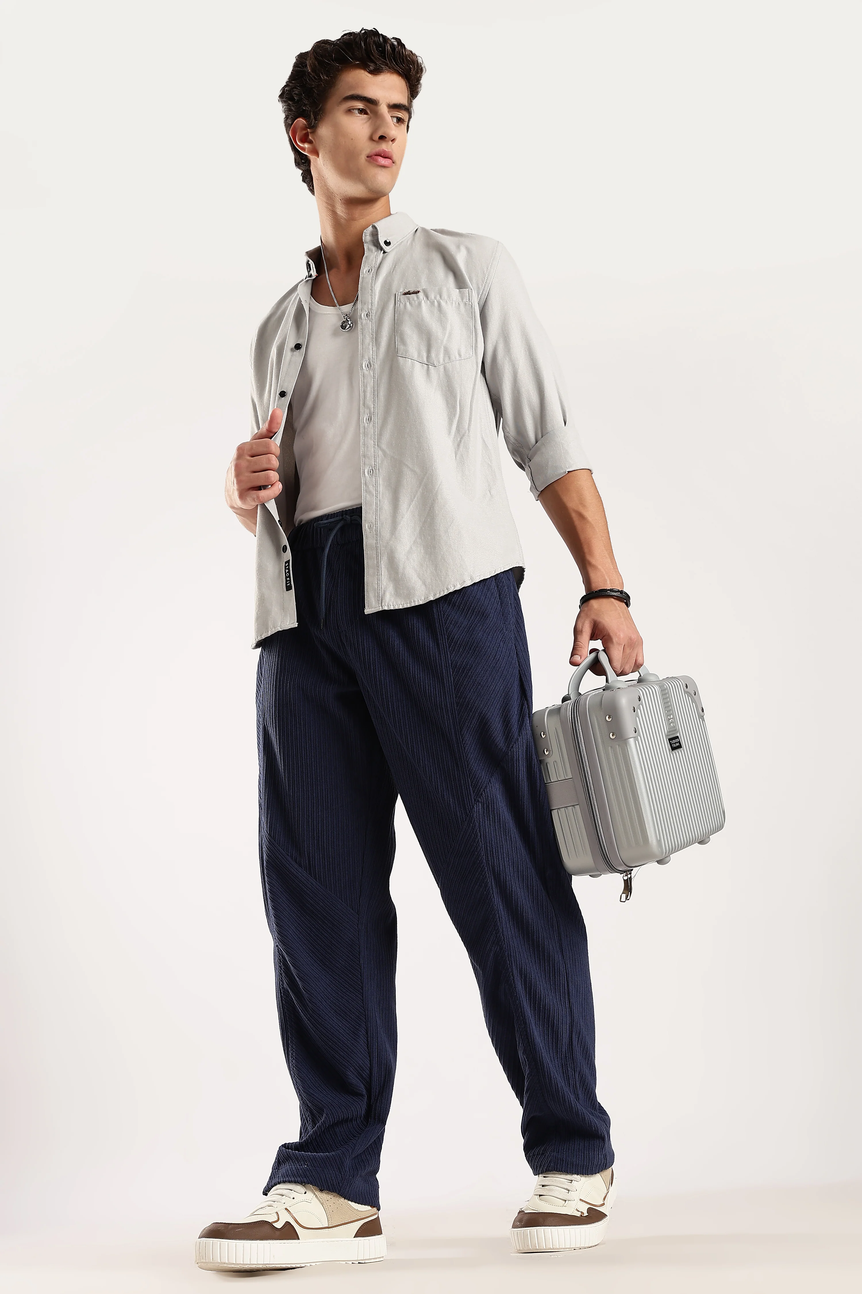 Men Blue Textured Drawcord Trousers - Image 3