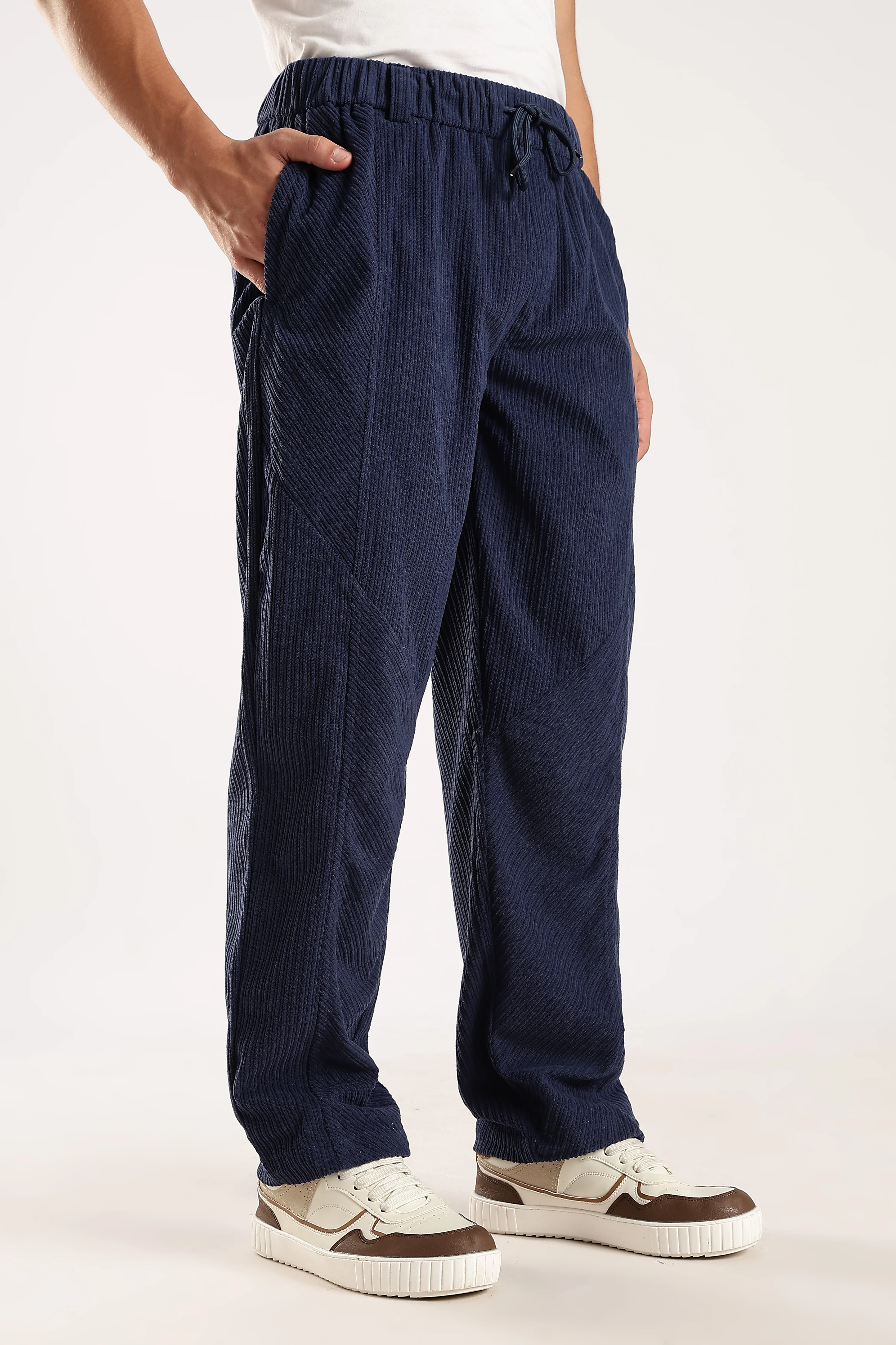 Men Blue Textured Drawcord Trousers - Image 9