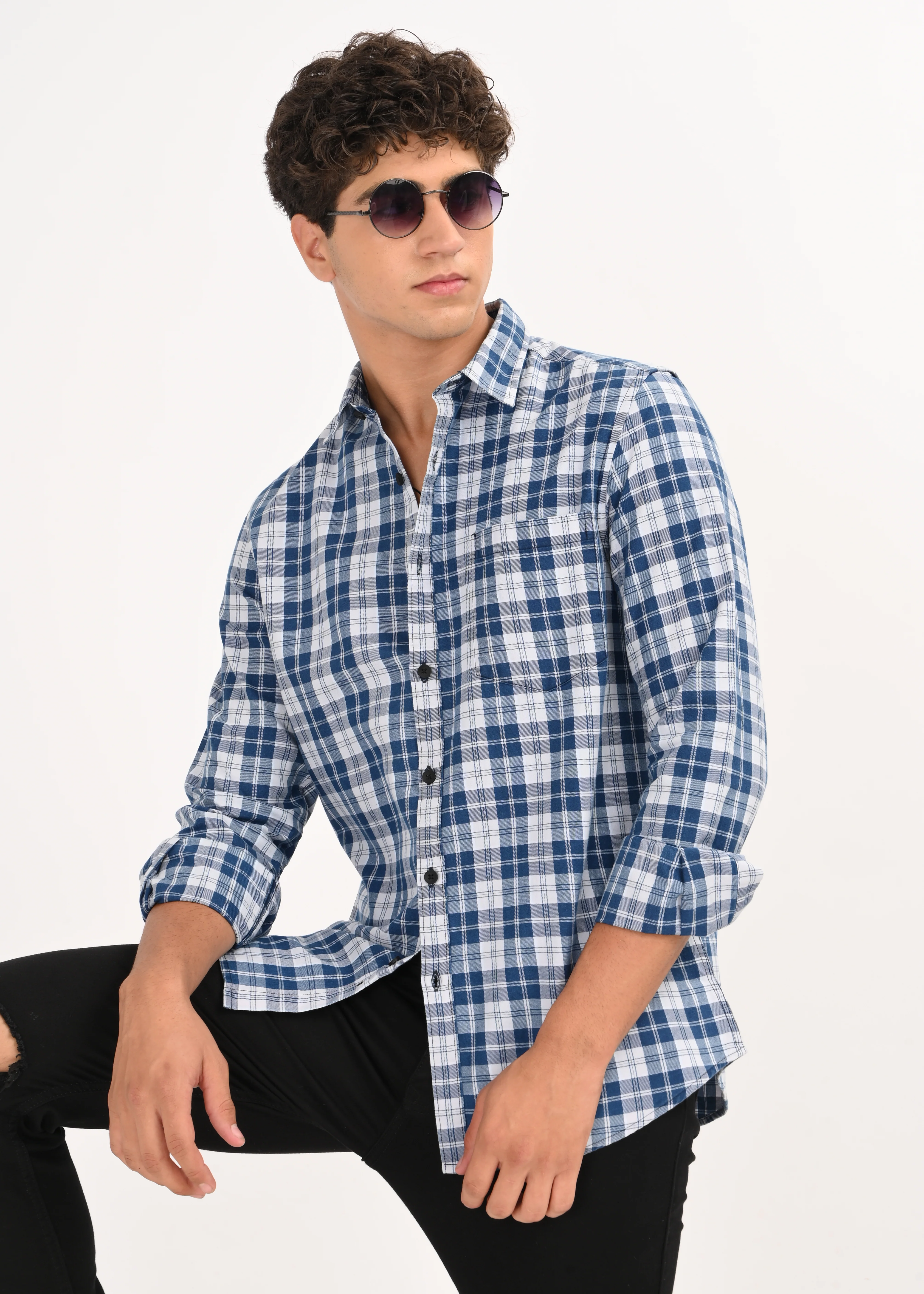 Men Blue Dyed Checked Shirt - Image 4