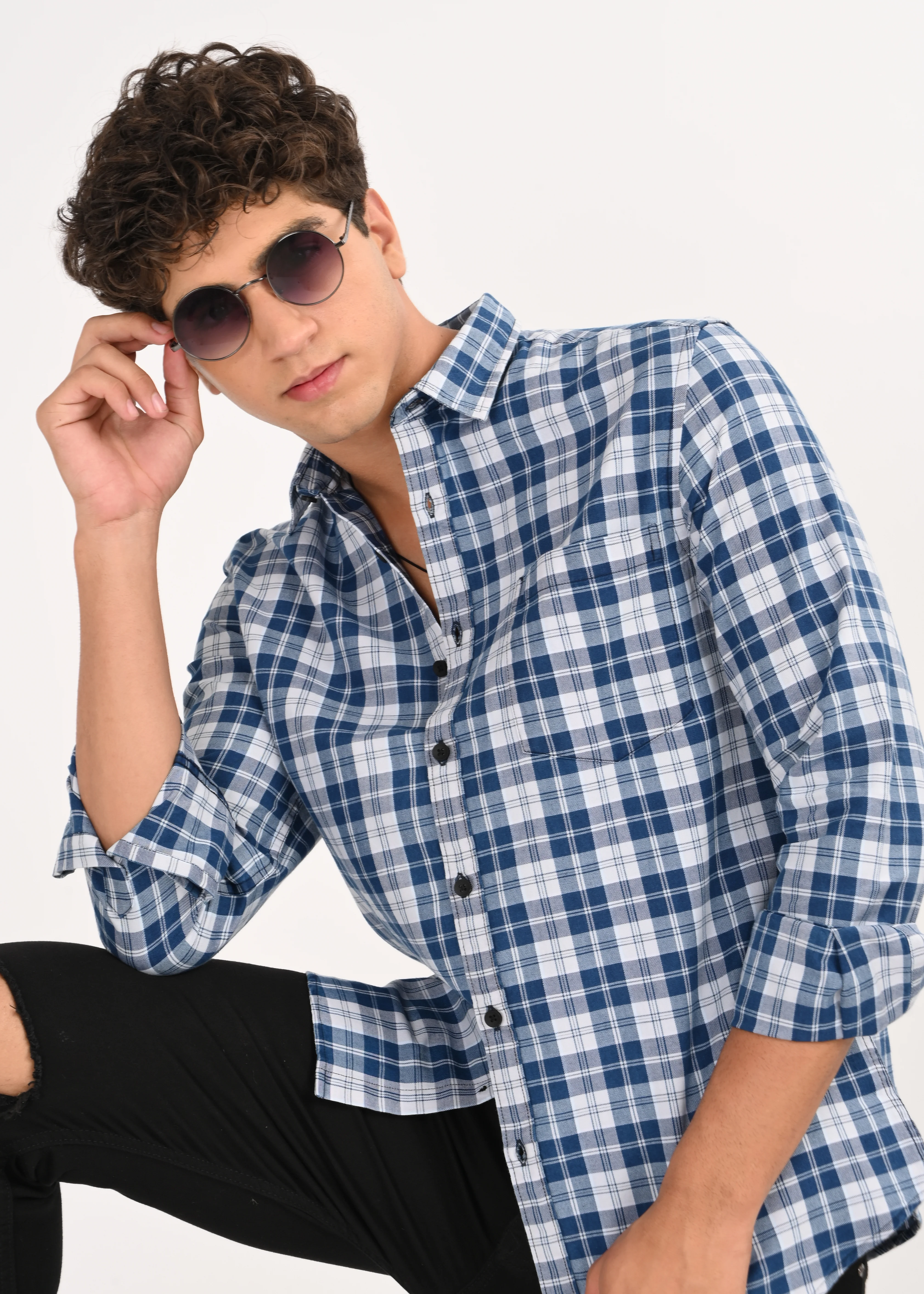 Men Blue Dyed Checked Shirt - Image 5
