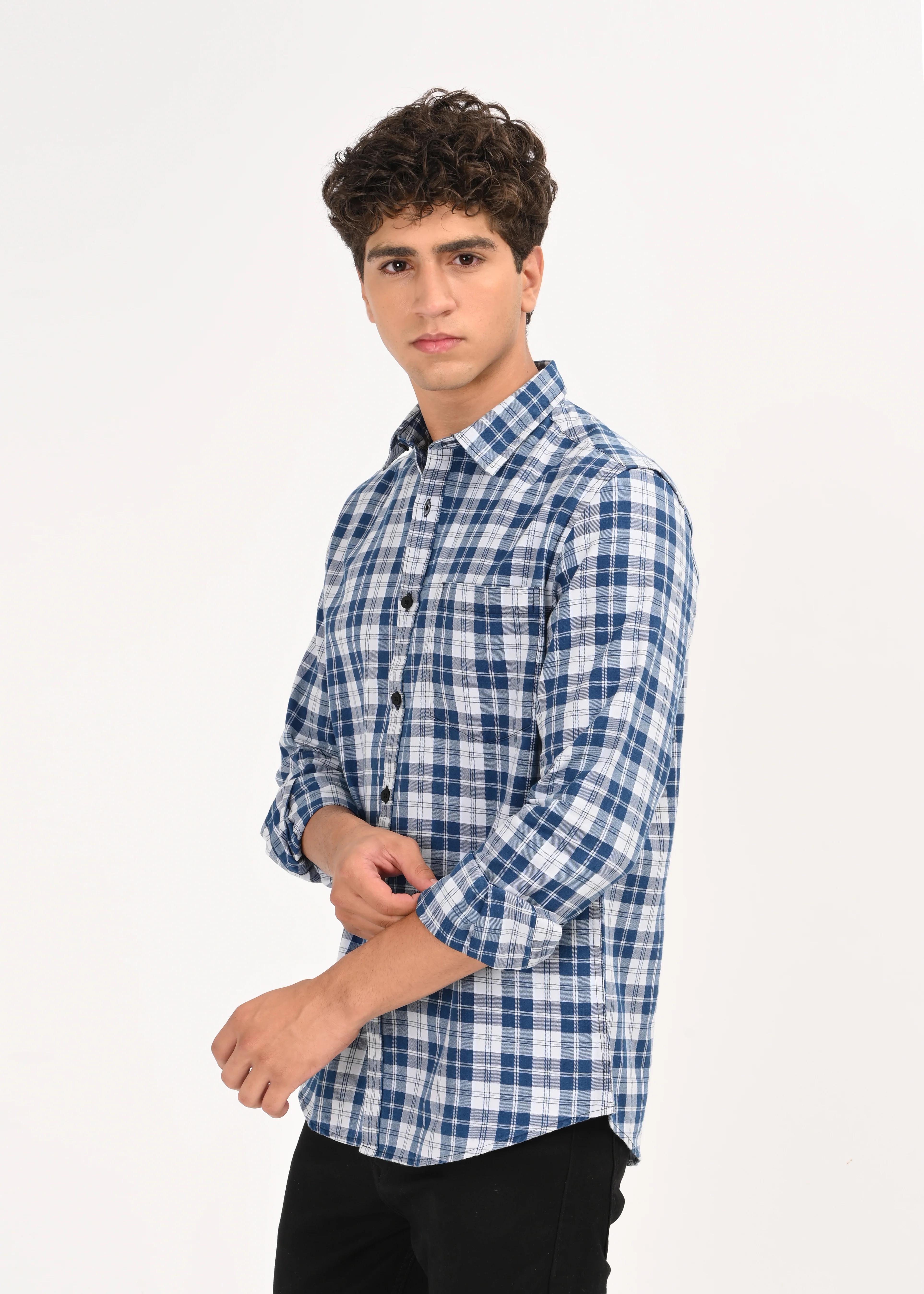 Men Blue Dyed Checked Shirt - Image 7