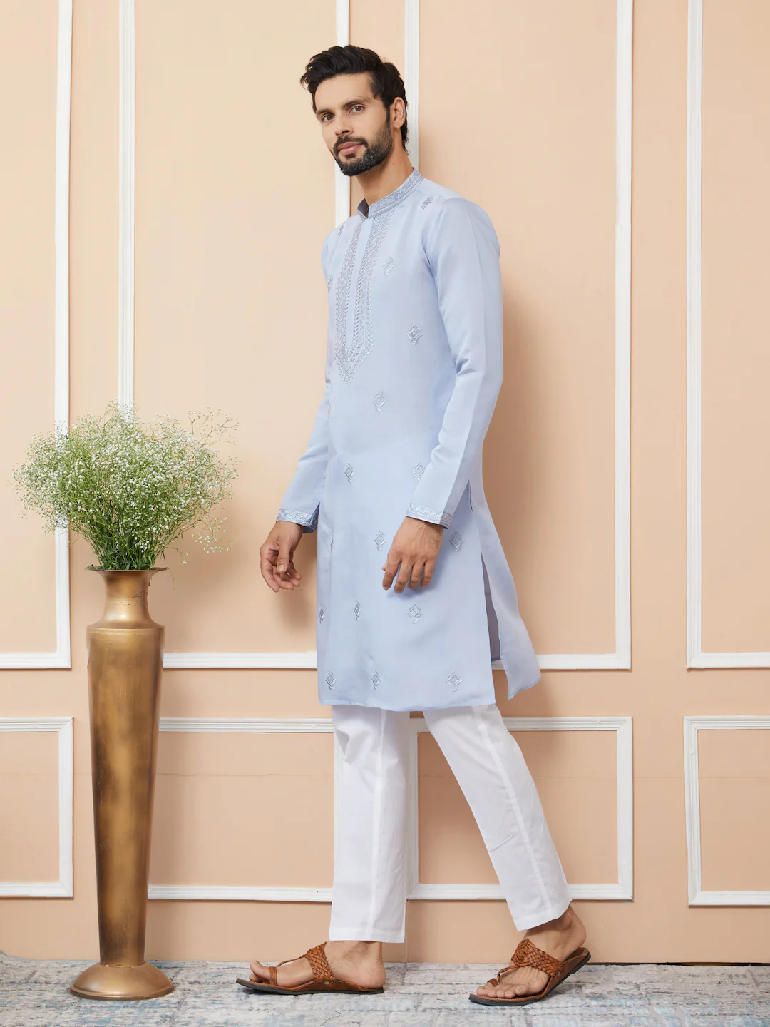 Men Blue Embroidered Chanderi Silk Straight Kurta - Image 3
