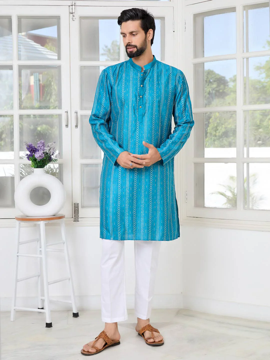 Men Blue Embroidered Chanderi Silk Straight Kurta - Image 2
