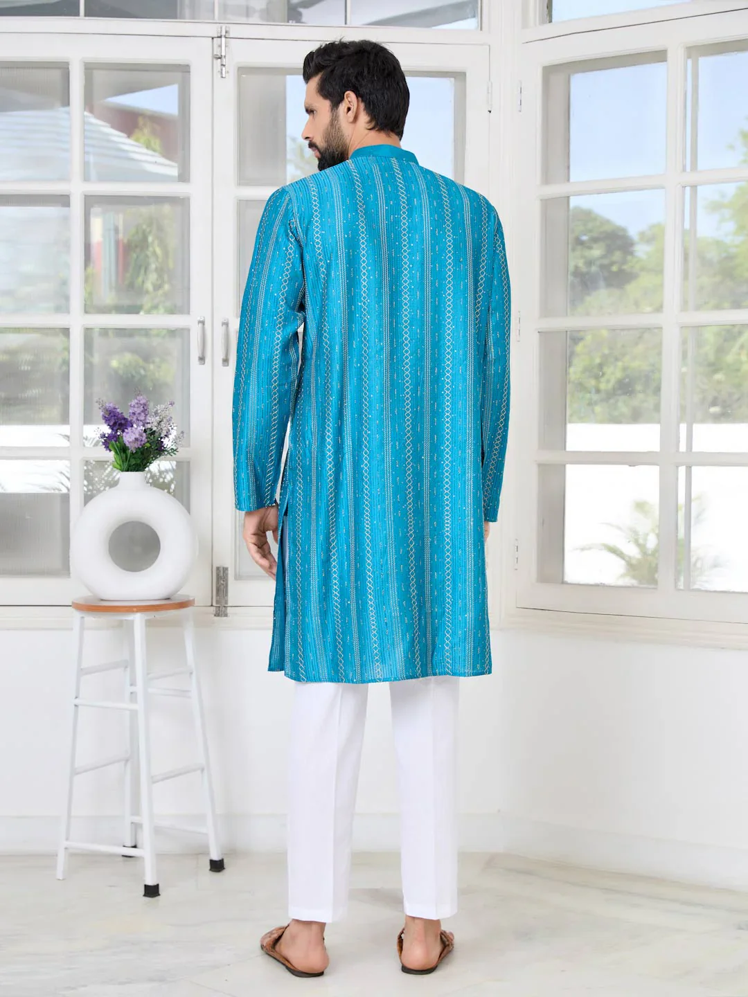 Men Blue Embroidered Chanderi Silk Straight Kurta - Image 3