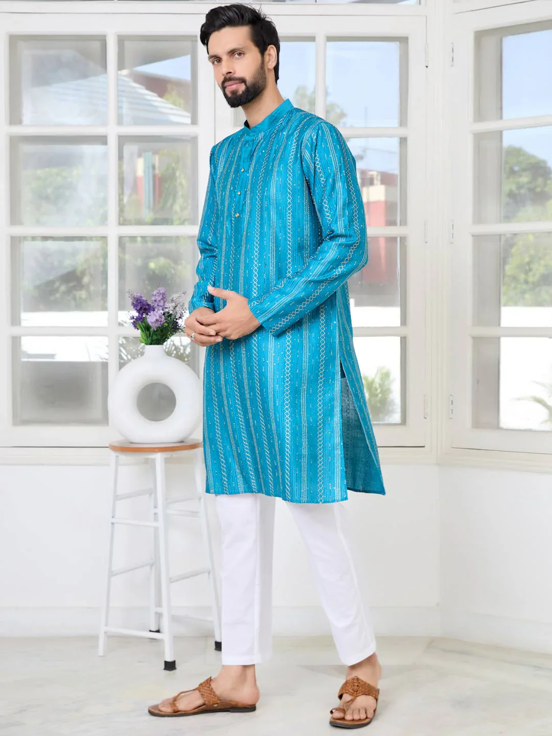 Men Blue Embroidered Chanderi Silk Straight Kurta - Image 4