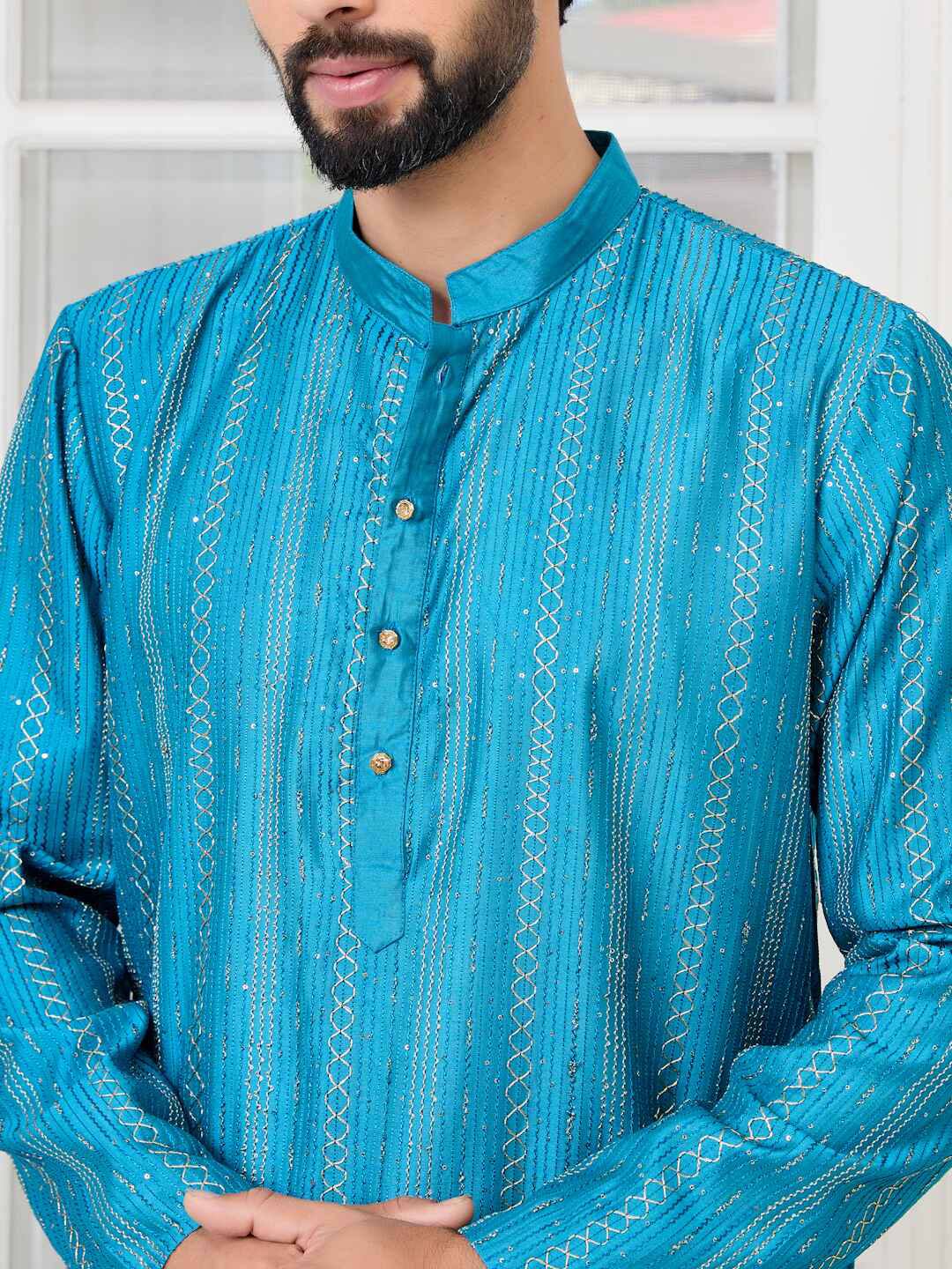 Men Blue Embroidered Chanderi Silk Straight Kurta - Image 5