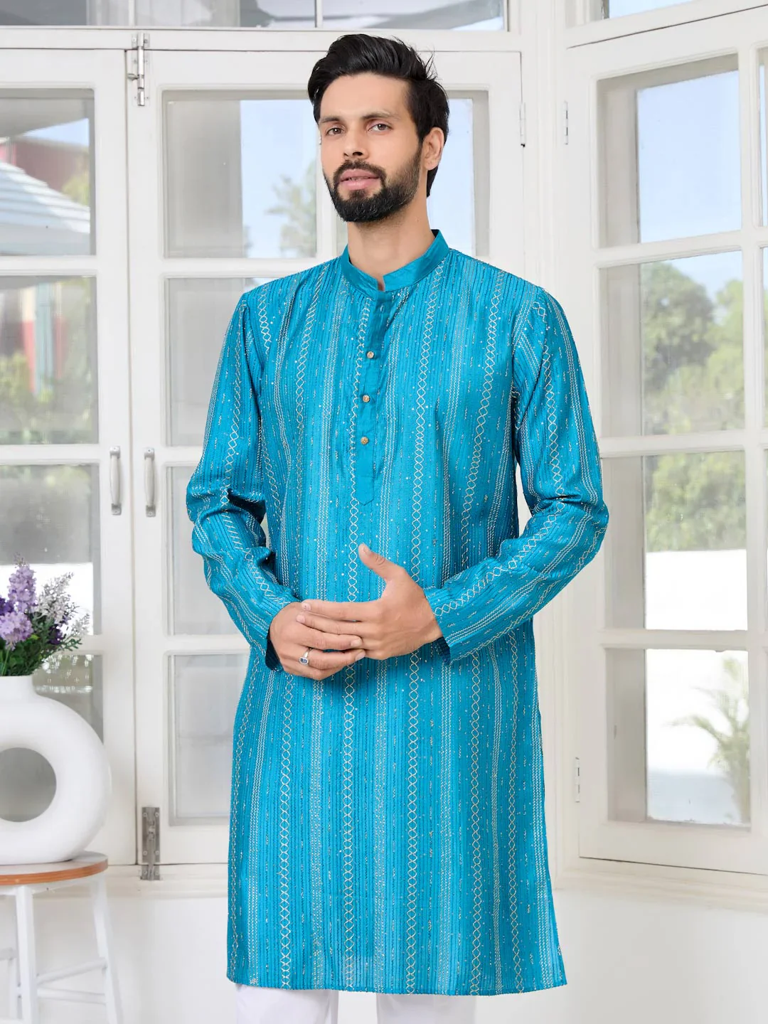 Men Blue Embroidered Chanderi Silk Straight Kurta - Image 6