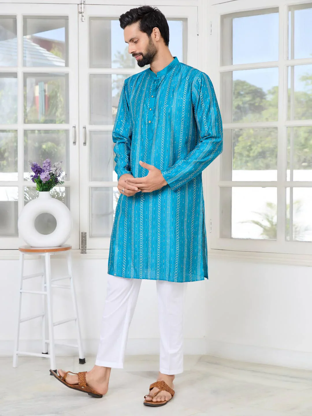 Men Blue Embroidered Chanderi Silk Straight Kurta - Image 7