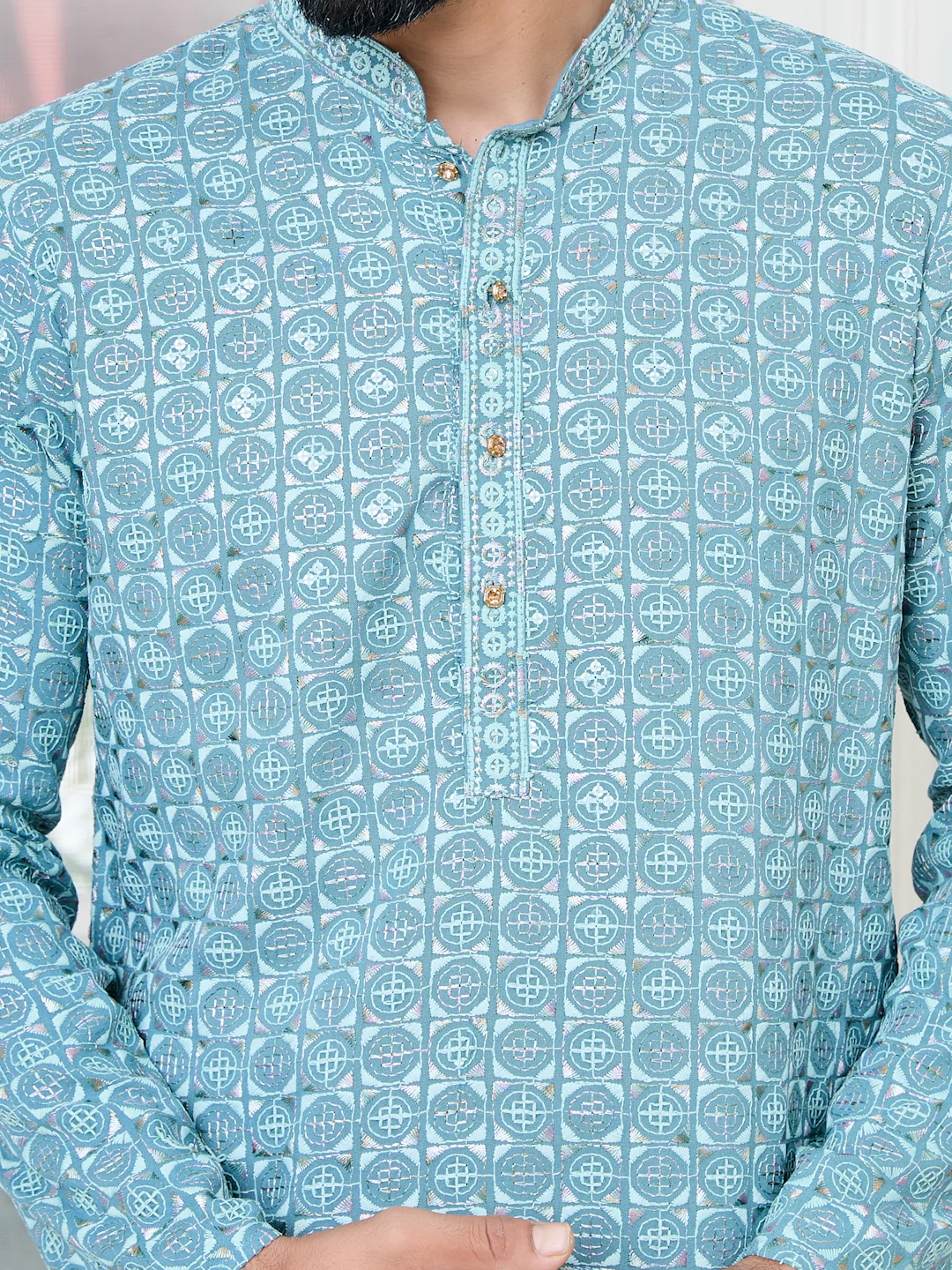 Men Blue Embroidered Mandarin Collar Straight Kurta - Image 4